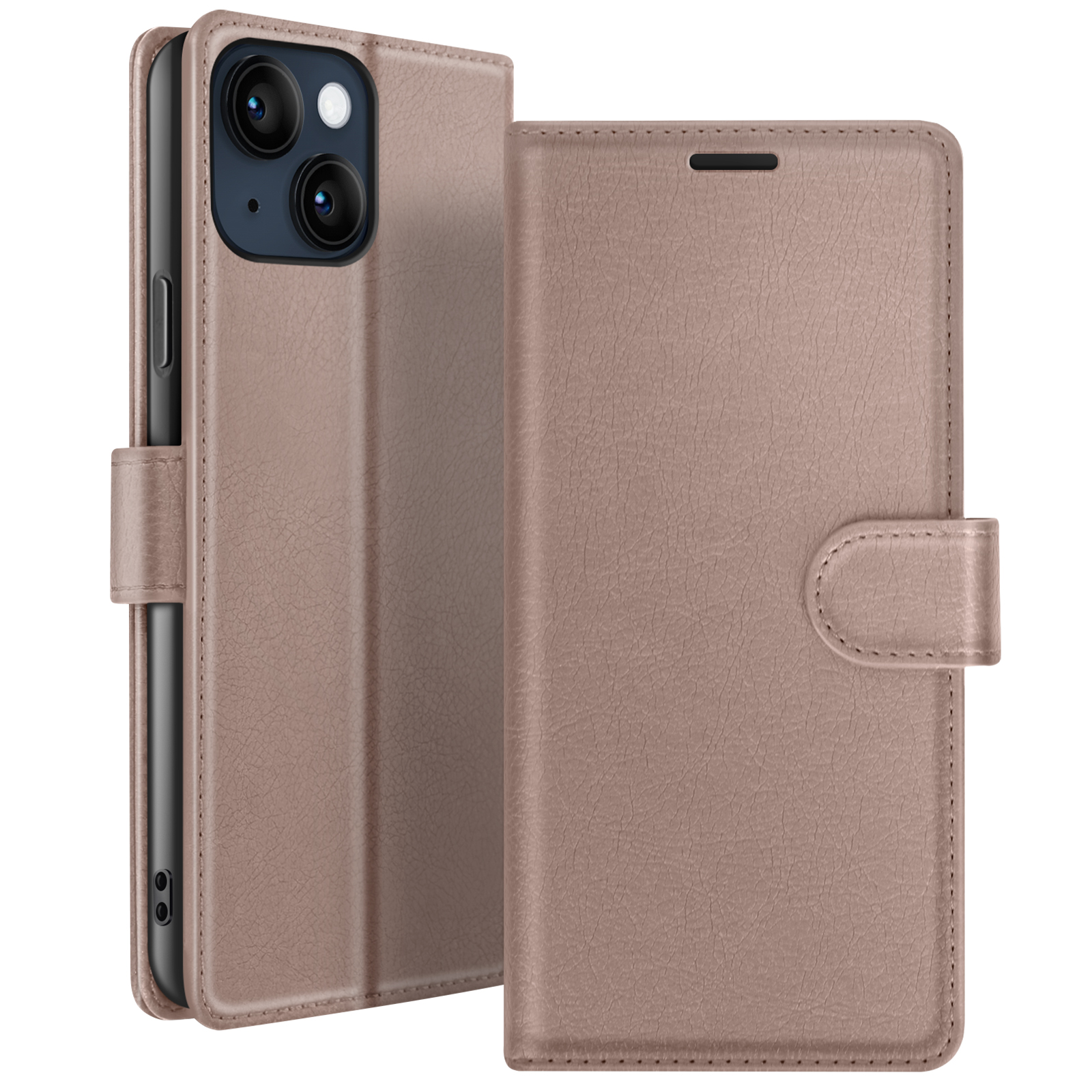 Een taupekleurige telefoonhoes met een telefoon erin. De hoes is open en toont de camera van de telefoon en de textuur van de hoes.