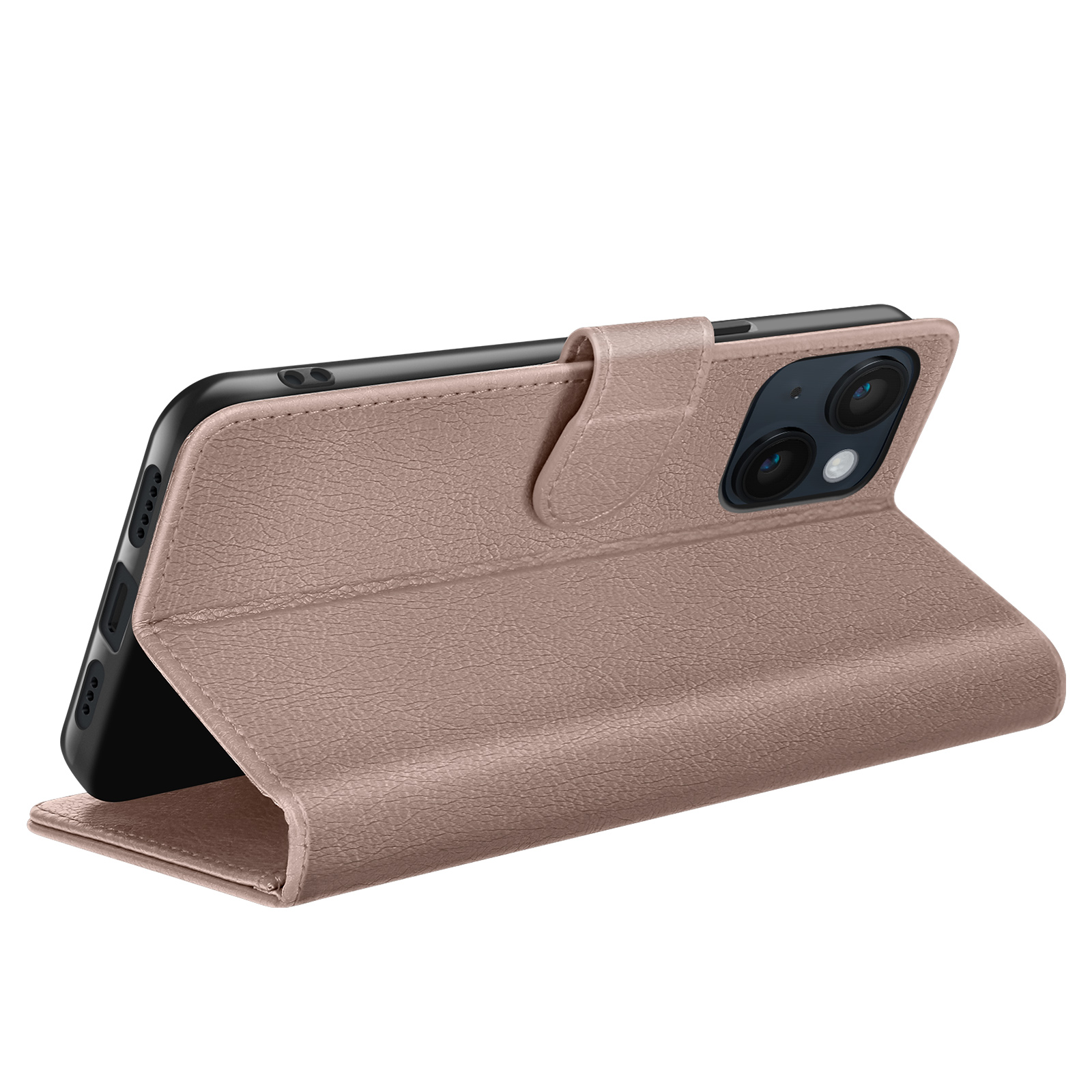 Een telefoon zit in een roze leren hoesje, gedeeltelijk open. De telefoon heeft twee camera's. De hoes zit op een witte achtergrond.