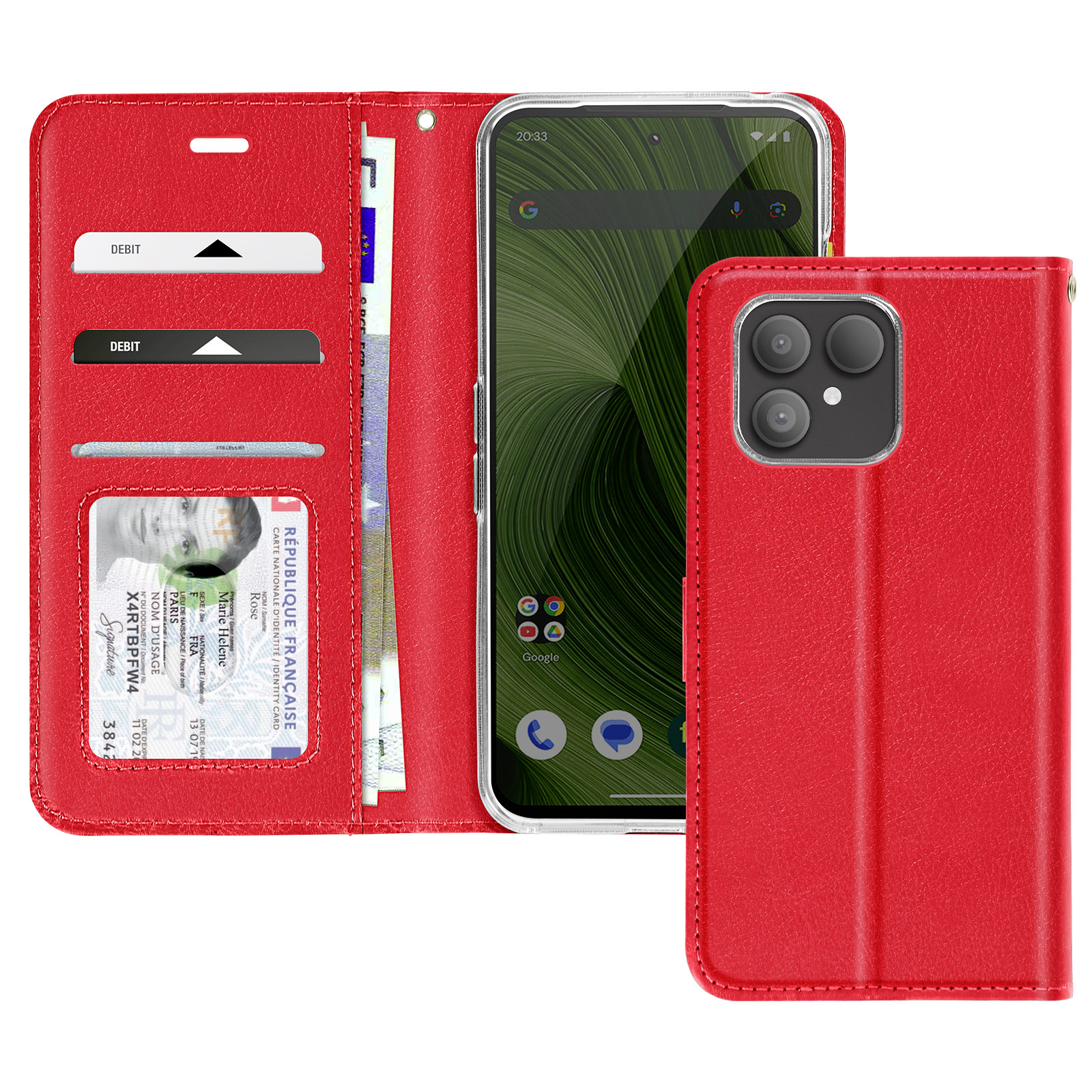 Custodia rossa per telefono con telefono e portafoglio. Il telefono mostra l'ora e le app. Il portafoglio ha carte e documento.