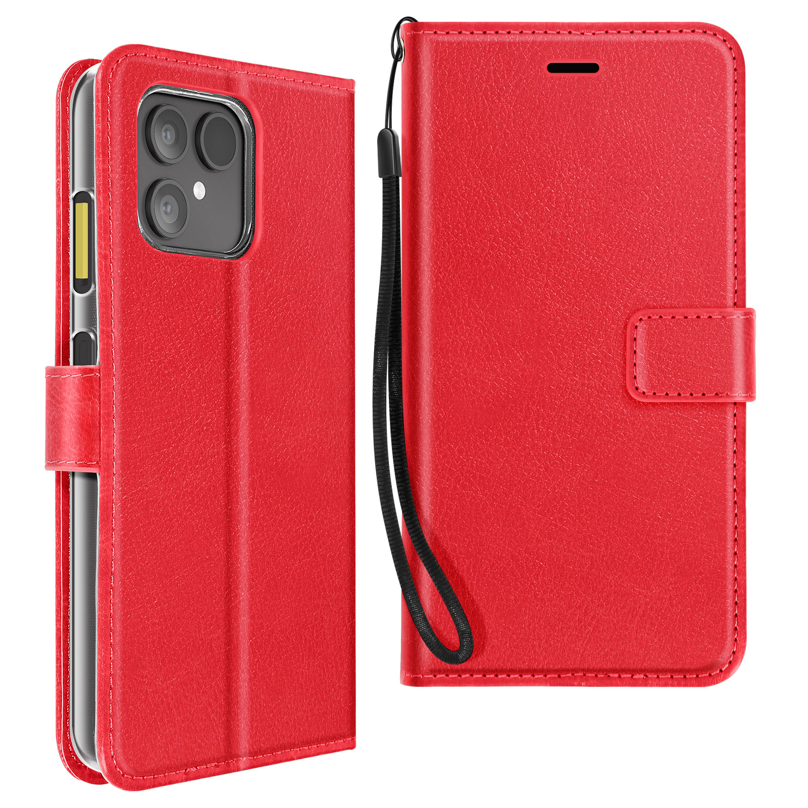 Custodia per telefono in pelle rossa, aperta e chiusa. Presenta un cinturino nero e un ritaglio per la fotocamera. Sfondo bianco.
