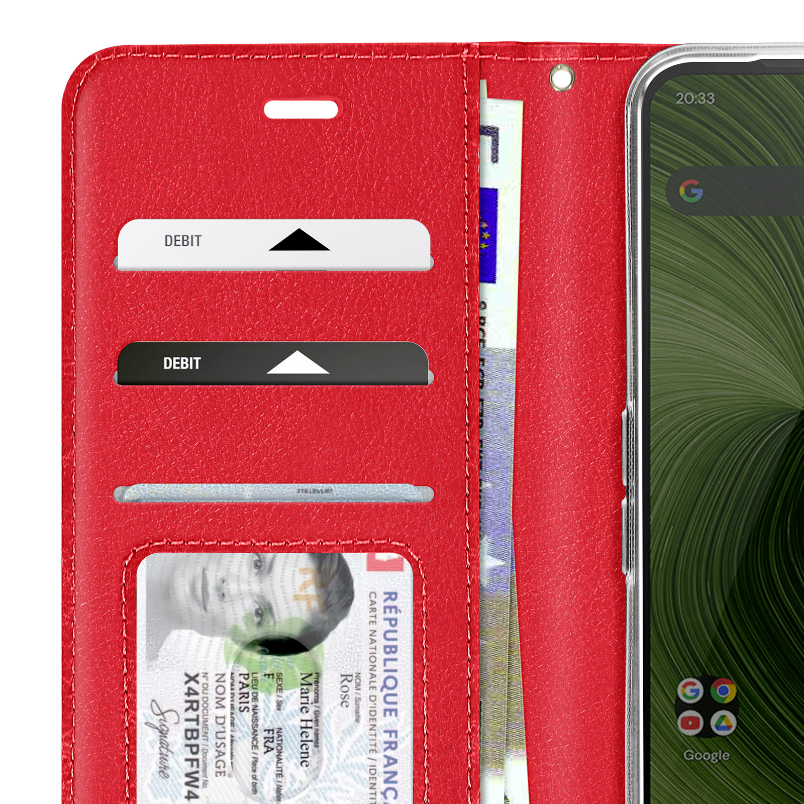 Portafoglio rosso con carte di debito, documento d'identità e telefono. Il telefono mostra Google.