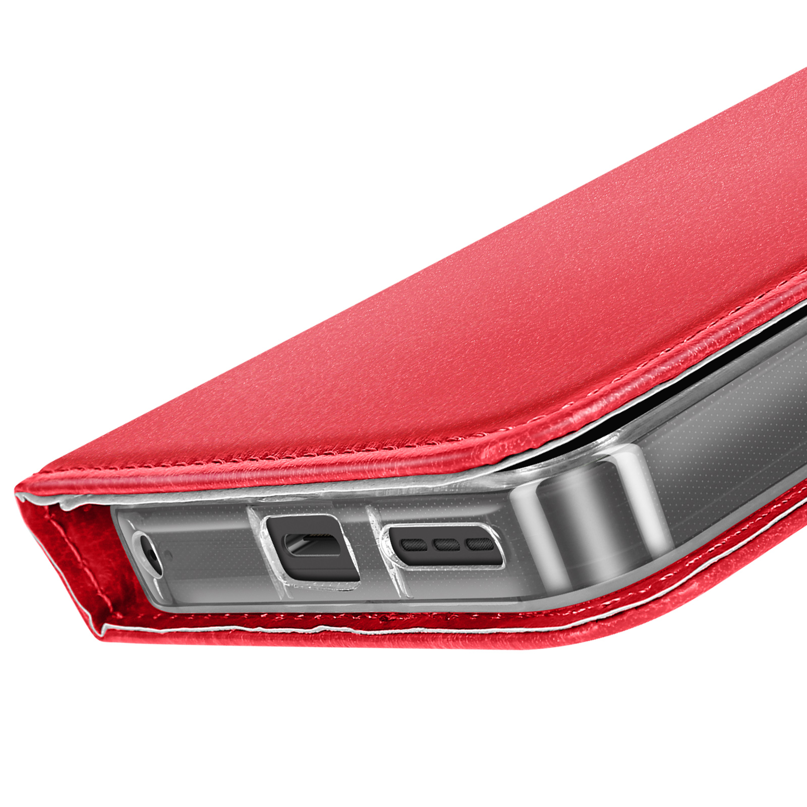 Primo piano di una custodia rossa per telefono. La custodia è aperta, rivelando il bordo del telefono. Sfondo bianco.