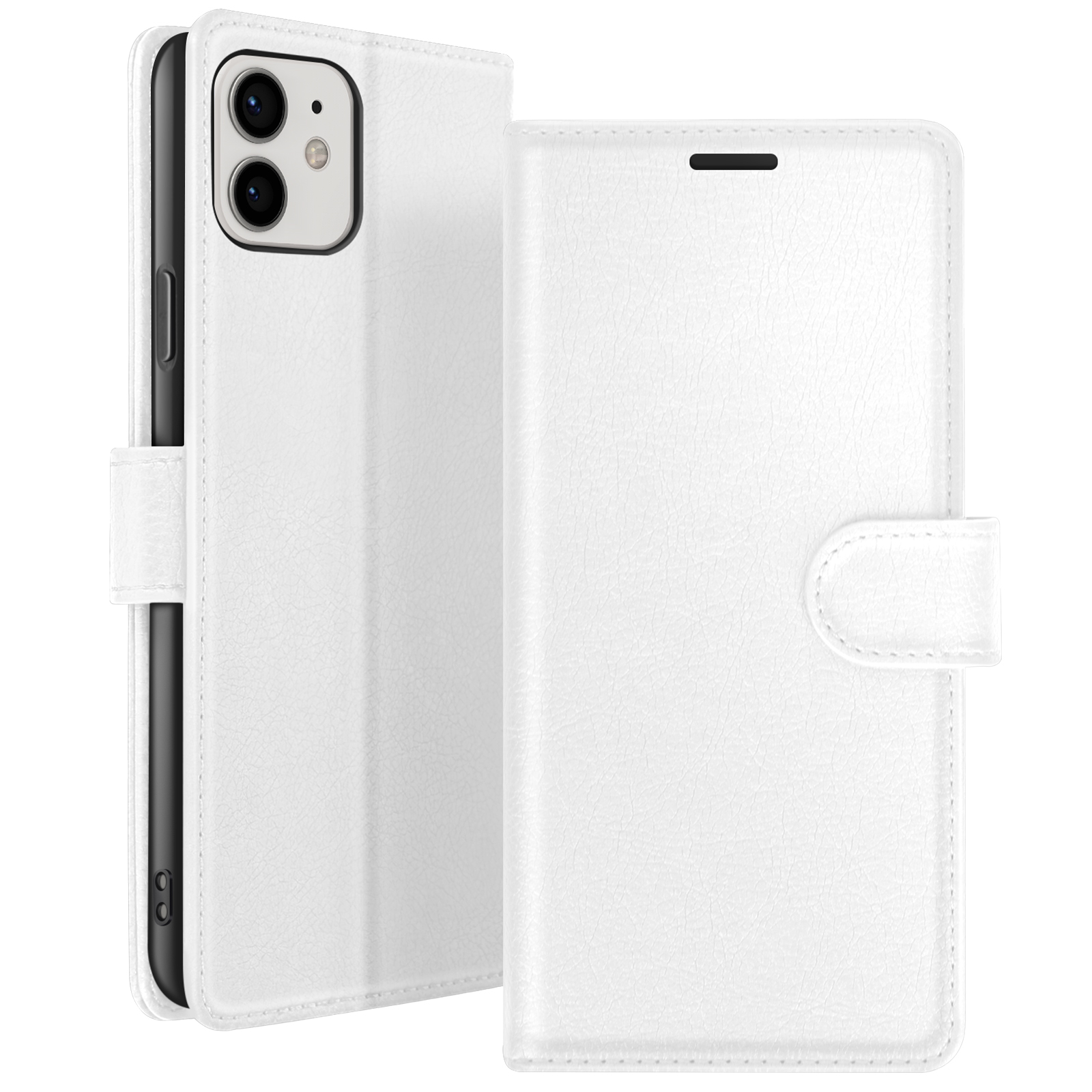 Witte leren telefoonhoes, open. De telefoon zit erin. De hoes heeft een magneetsluiting.