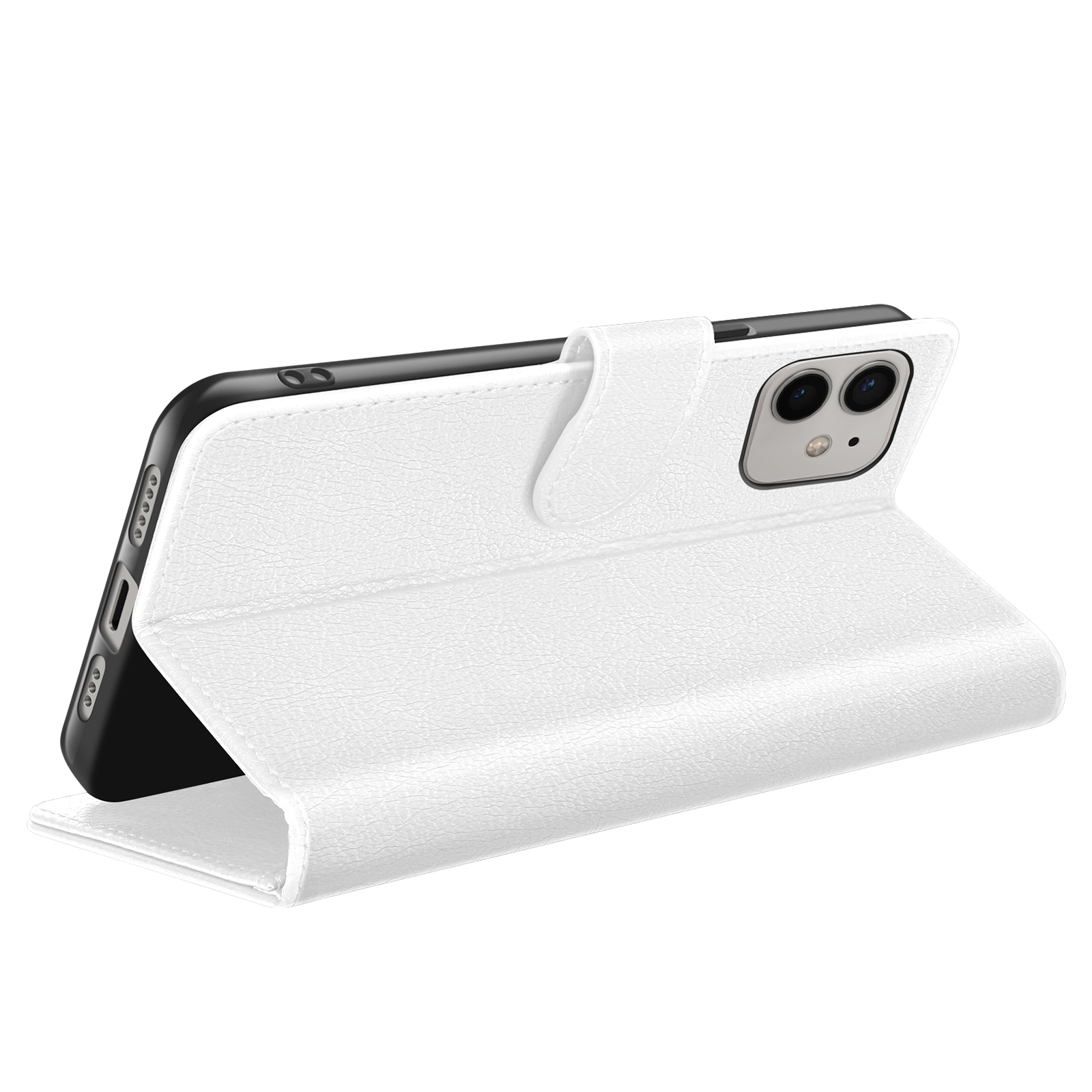 Witte leren telefoonhoes, open, met een zwarte telefoon met cameralenzen. De hoes heeft een klepsluiting.