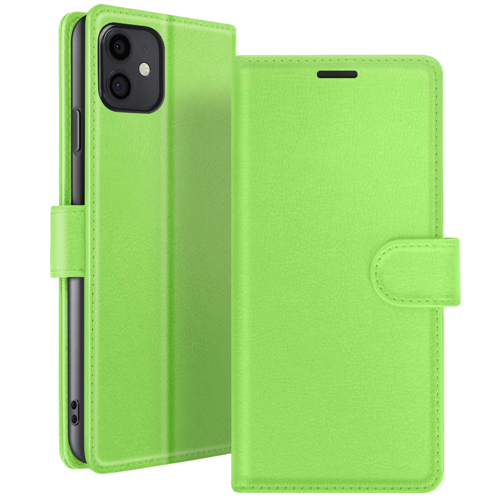 Groene telefoonhoes met telefoon erin. De hoes is open en toont de telefoon, met een sluiting aan de rechterkant.