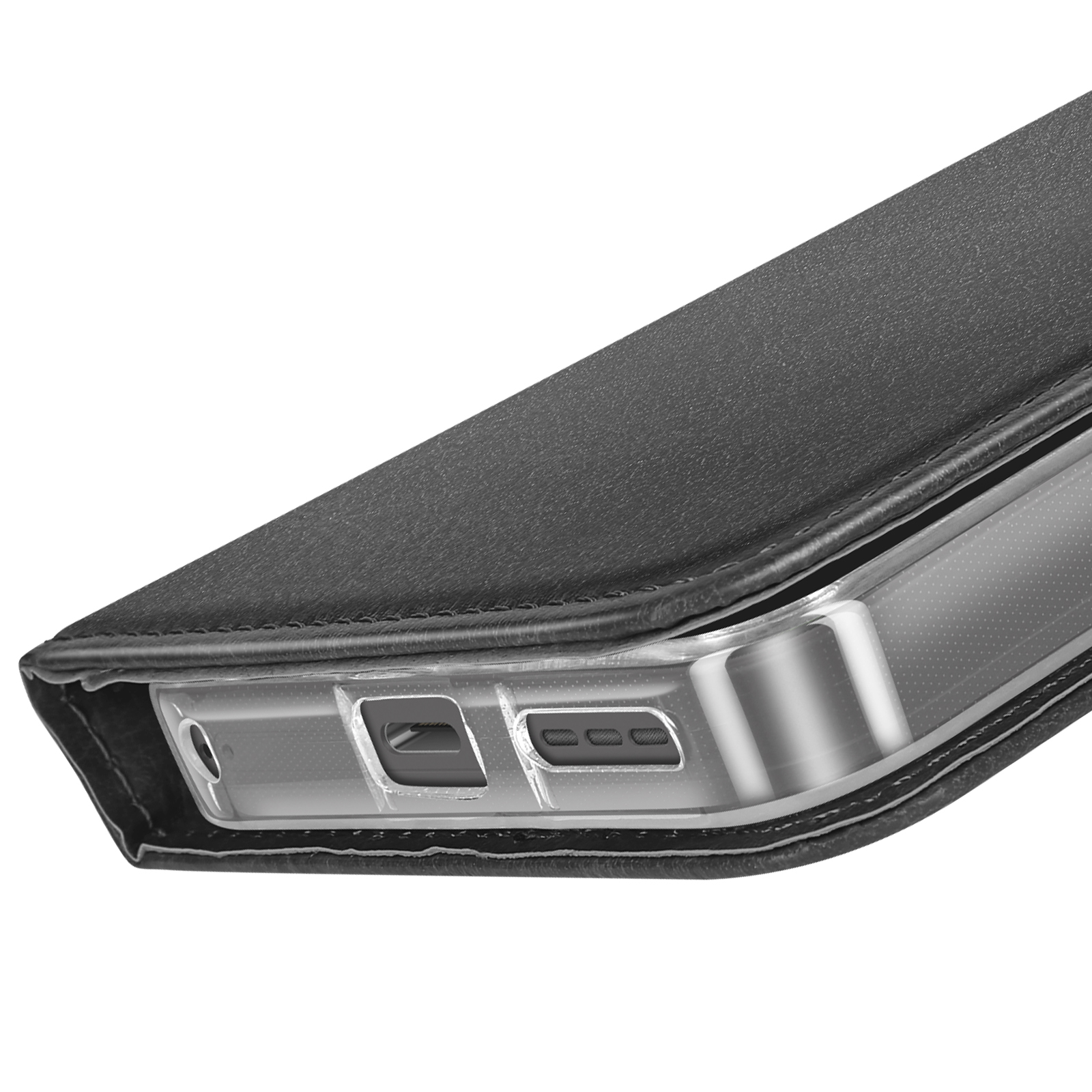 Custodia nera per telefono con supporto trasparente in plastica. Visibili fotocamera e porte di ricarica. Sfondo bianco.
