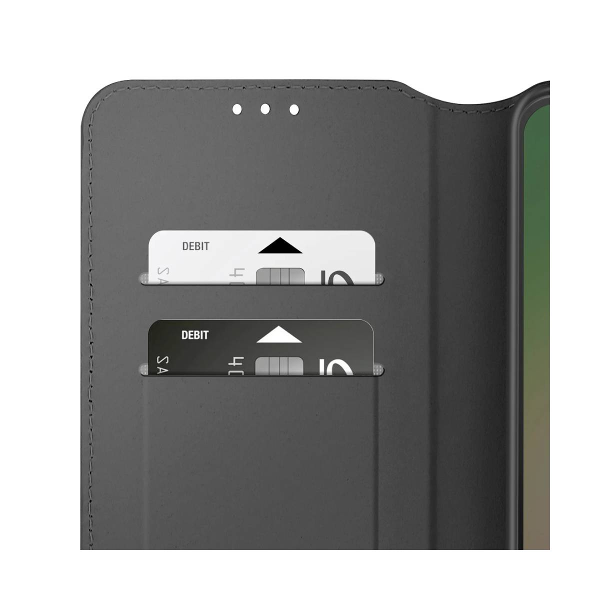 Una custodia grigia per telefono con due fessure per carte contenenti carte di debito. La custodia è aperta, mostrando l'interno.