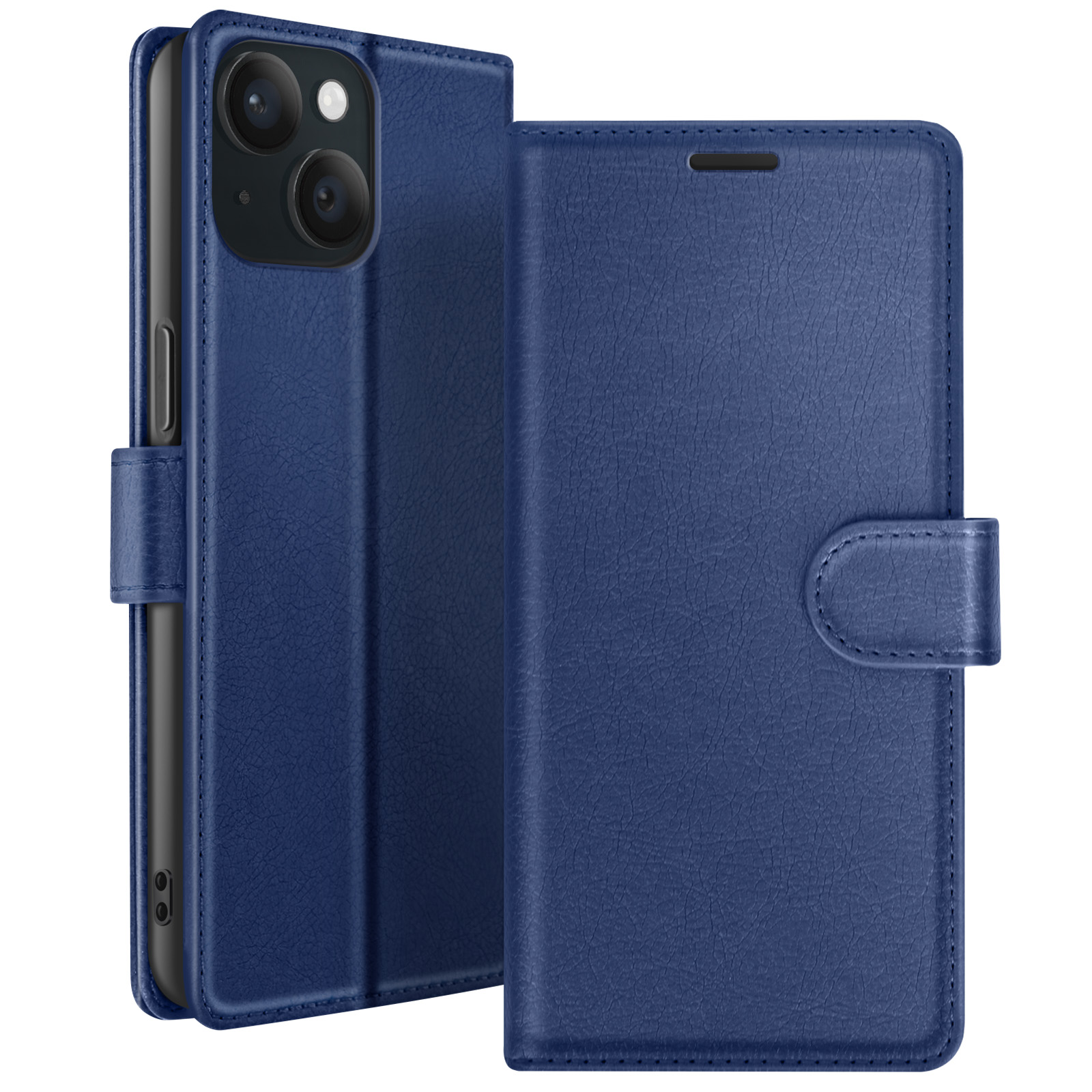 Étui de téléphone en cuir bleu ouvert, montrant le téléphone. L'étui a une fermeture magnétique.