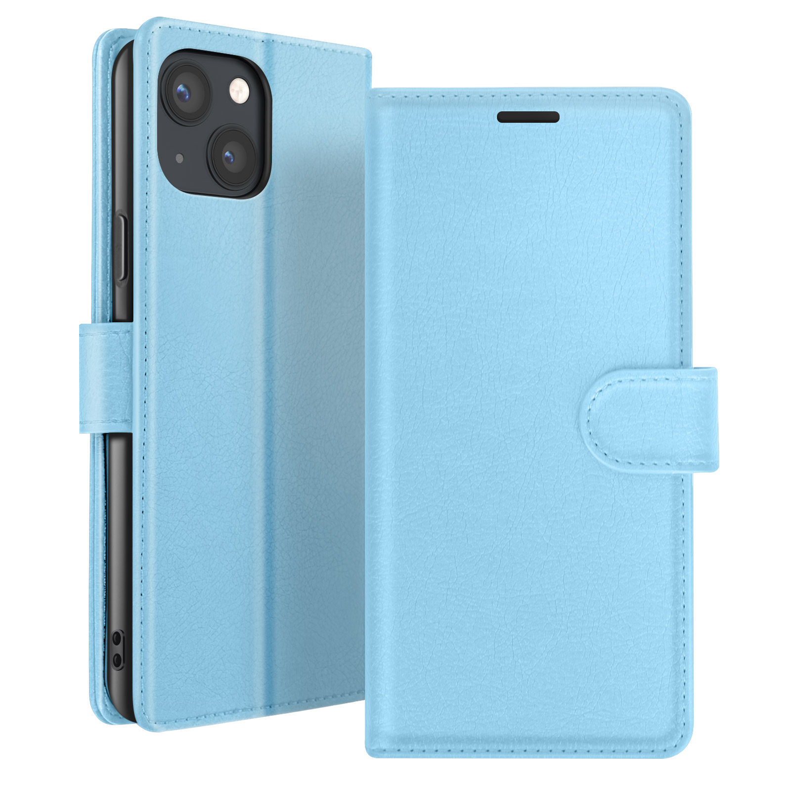Un étui de téléphone en cuir bleu clair est montré ouvert. Le téléphone est visible à gauche. L'étui est sur fond blanc.