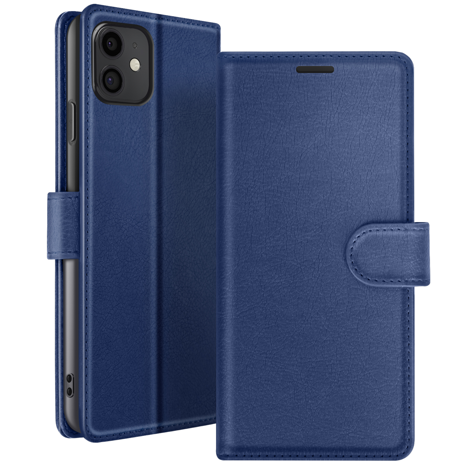 Een blauwe leren telefoonhoes, open. Telefoon is links zichtbaar. De hoes heeft een magnetische sluiting rechts.
