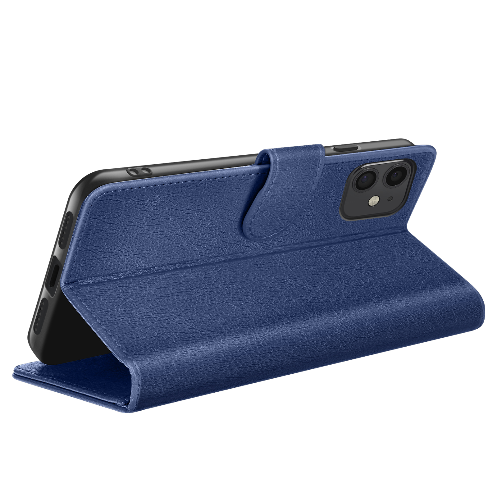 Een blauwe telefoonhoes is open en onthult een zwarte telefoon. De hoes is gemaakt van getextureerd materiaal en heeft een magnetische sluiting.