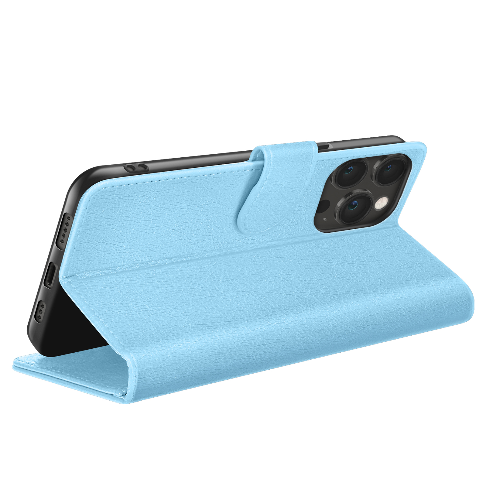 Een lichtblauwe telefoonhoes is open en toont de telefoon. De hoes heeft een textuur en een magnetische sluiting.