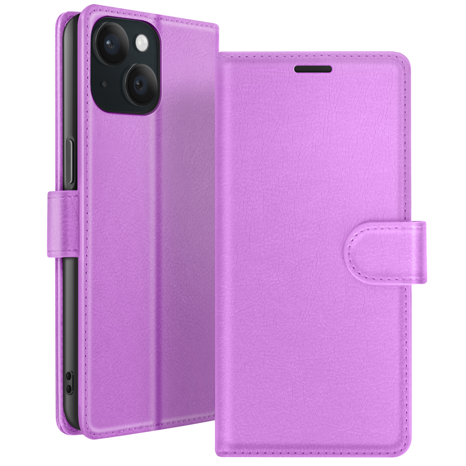 Un étui de téléphone lavande est ouvert, révélant un téléphone. L'étui a une fermeture magnétique.