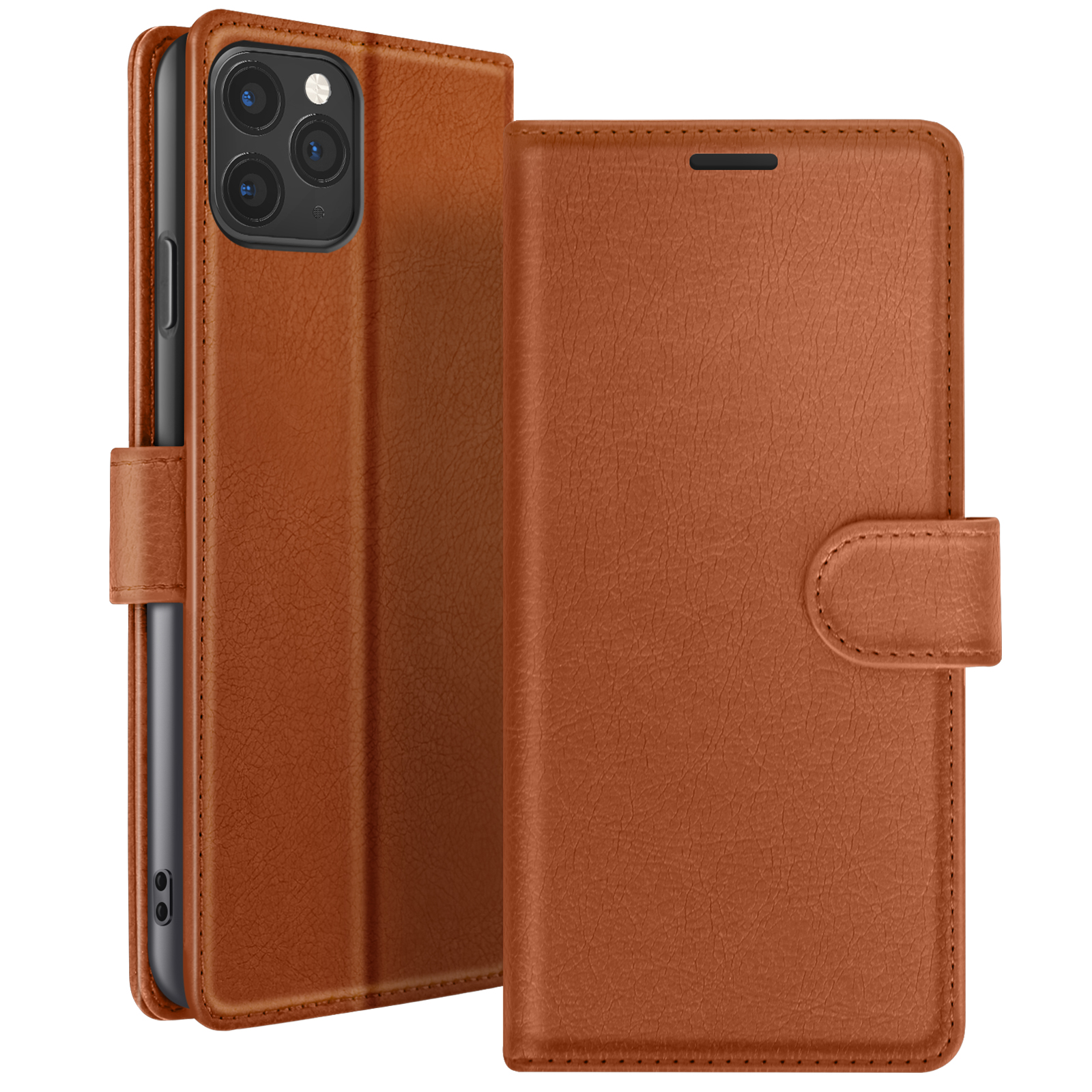 Étui de téléphone en cuir marron ouvert, montrant un téléphone à l'intérieur. L'étui a une fermeture magnétique.