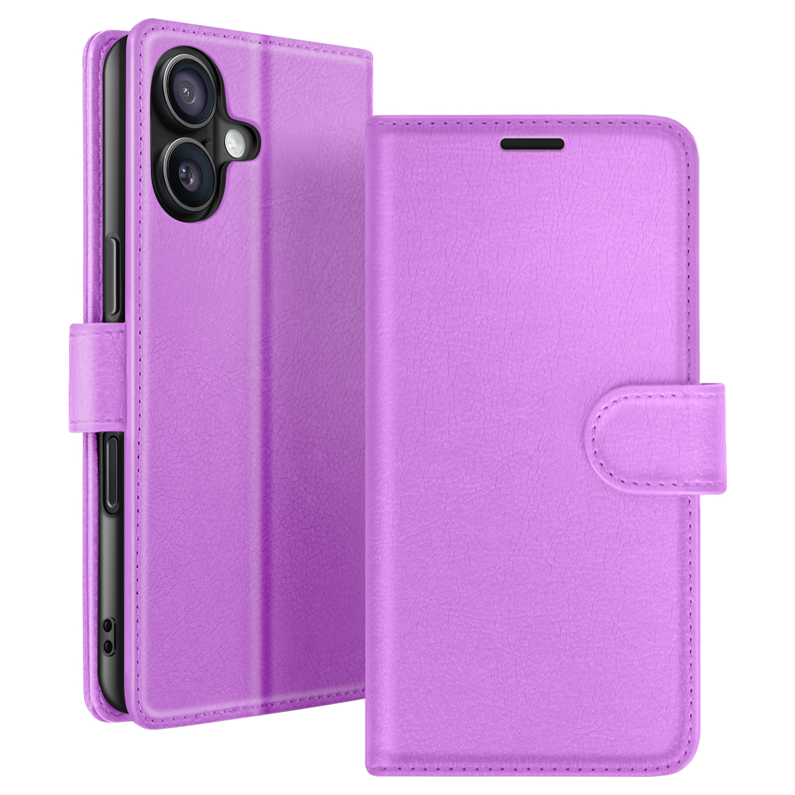 Een paarse telefoonhoes, open om een zwarte telefoon te onthullen. De hoes heeft een magnetische sluiting en een textuur.