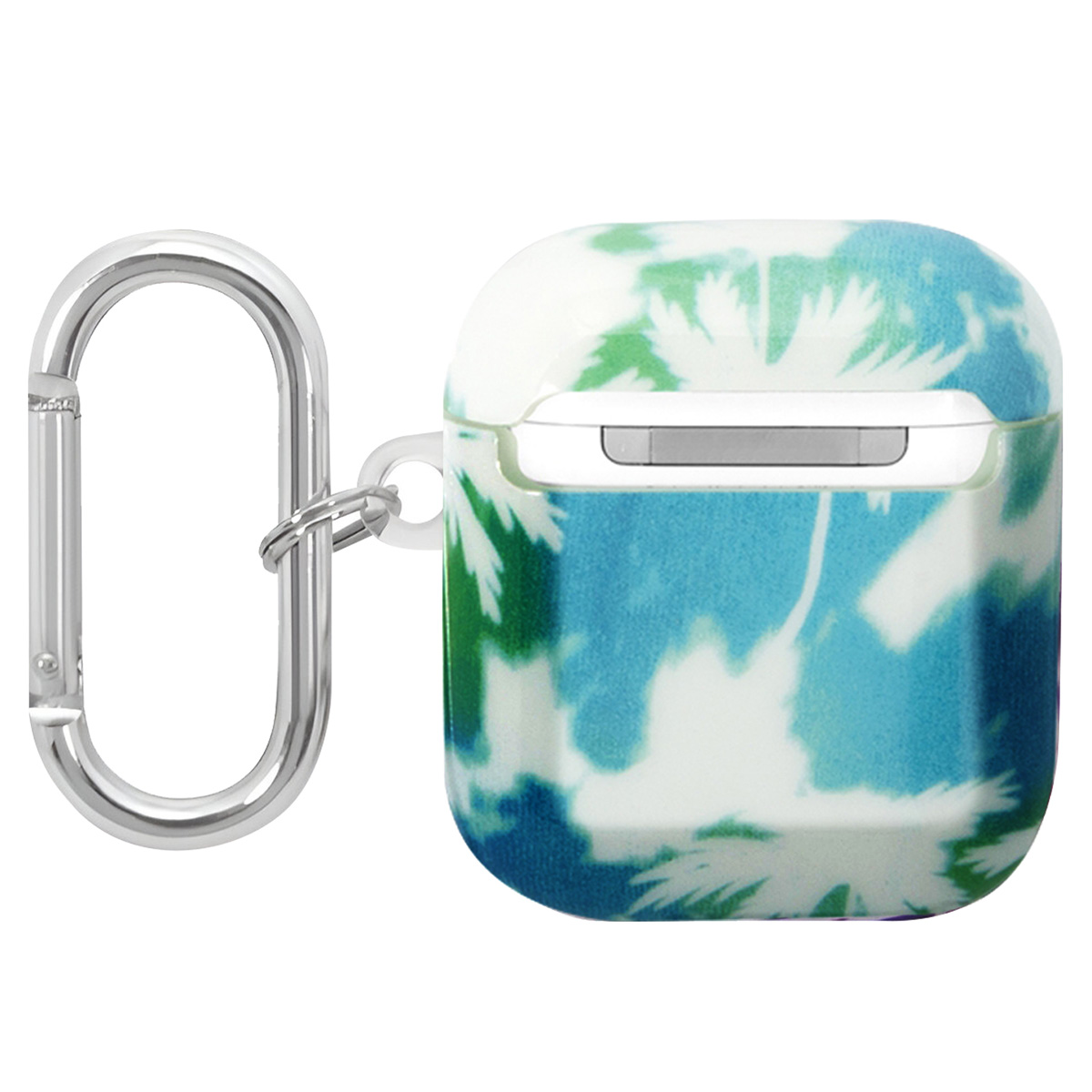 Funda para AirPods con diseño de palmeras azules y blancas. Un mosquetón plateado adjunto para facilitar el transporte.