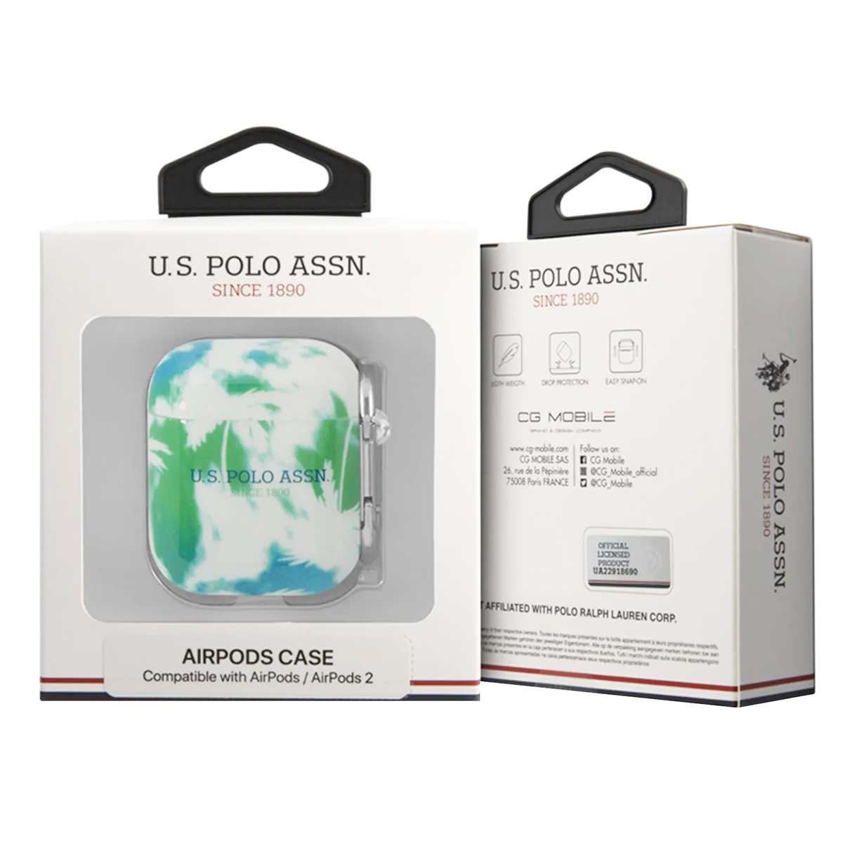 Dos cajas blancas con el logo de U.S. Polo Assn. Una contiene una funda para AirPods con diseño verde y azul.