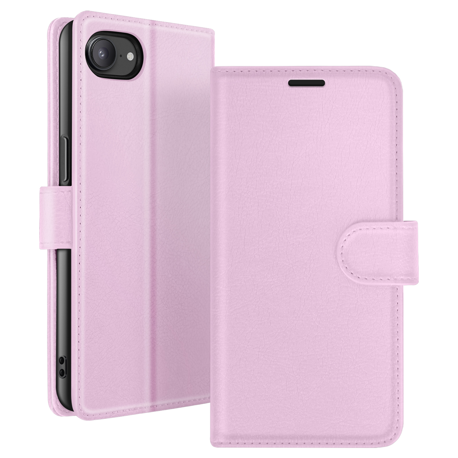 Een roze telefoonhoesje is open en dicht. De telefoon zit in de hoes. De hoes is gemaakt van textuurmateriaal.