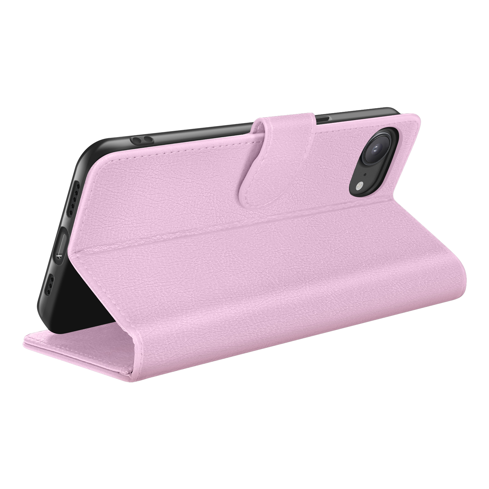 Een roze telefoonhoesje is open en toont een zwarte telefoon. De hoes is van leerachtig materiaal en heeft een magnetische sluiting.