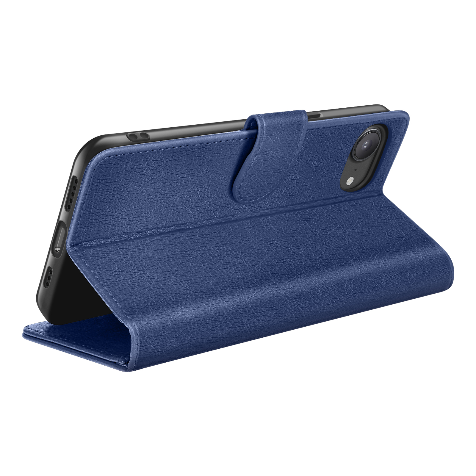 Een blauwe leren telefoonhoes is open en toont een zwarte telefoon. De hoes heeft een flap en een magnetische sluiting.