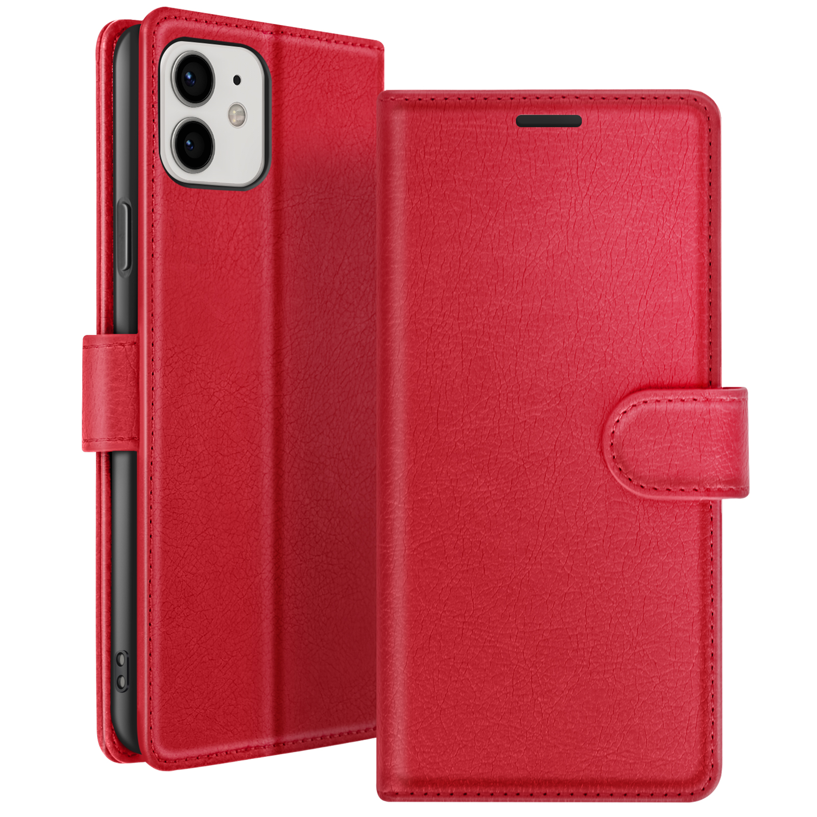 Rode leren telefoonhoes open, met een telefoon. De hoes heeft een magnetische sluiting.