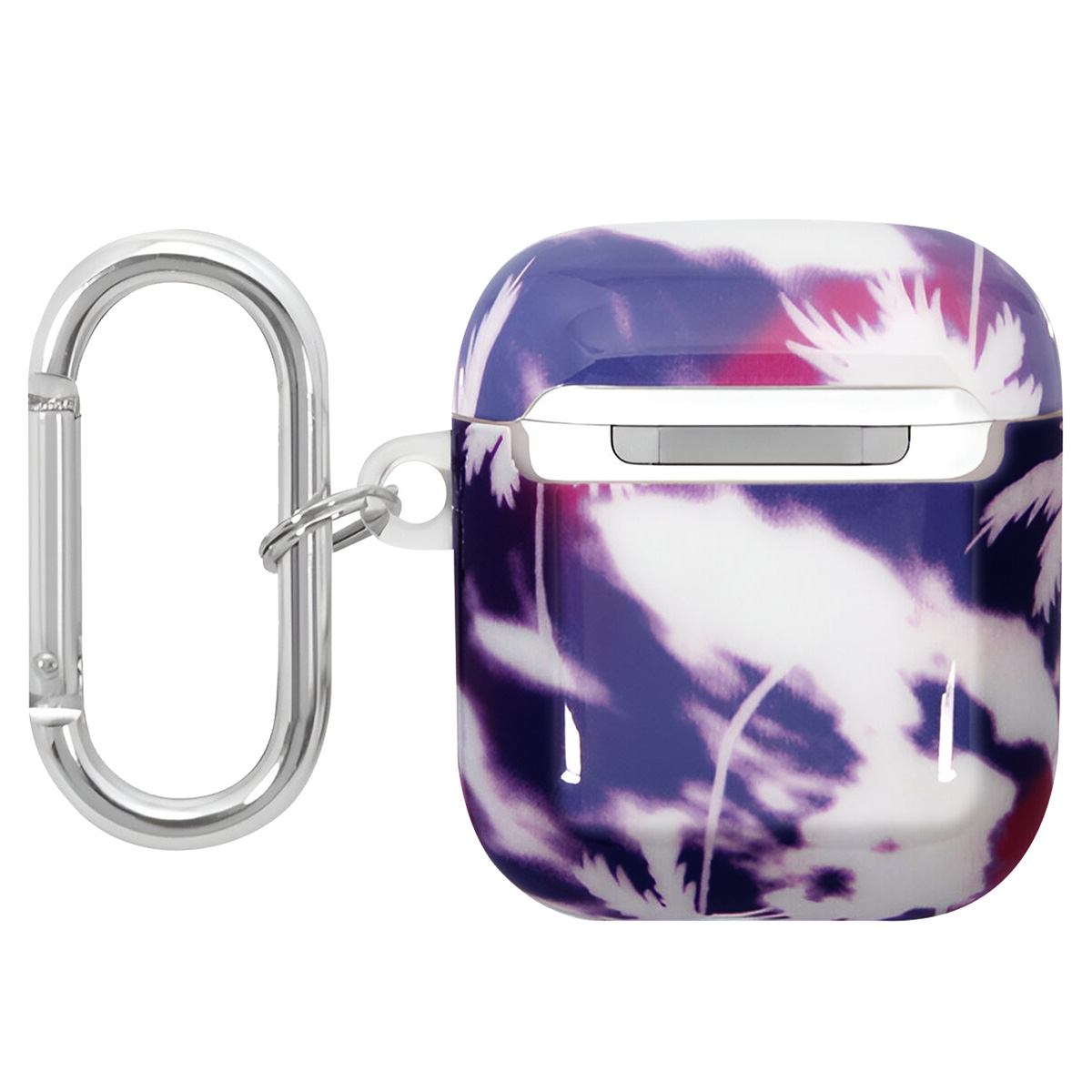 Funda para AirPods con diseño de palmeras en morado y blanco, sujeta a un mosquetón plateado.