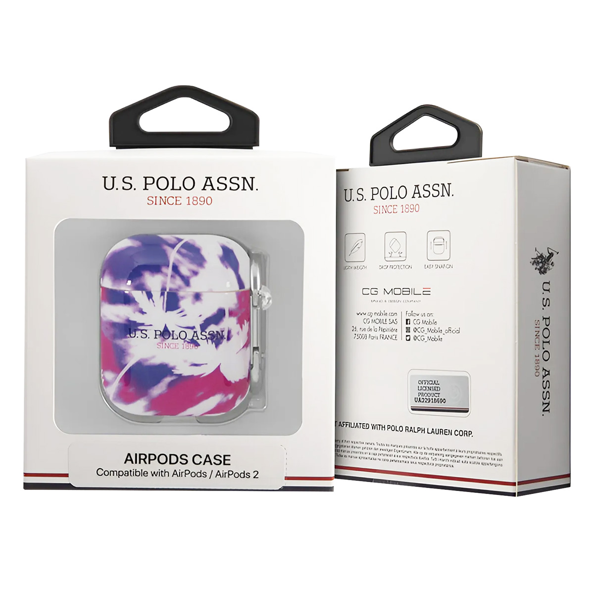 Una funda para AirPods en una caja. La funda tiene un diseño teñido anudado en rosa, blanco y morado. La caja dice U.S. Polo Assn.