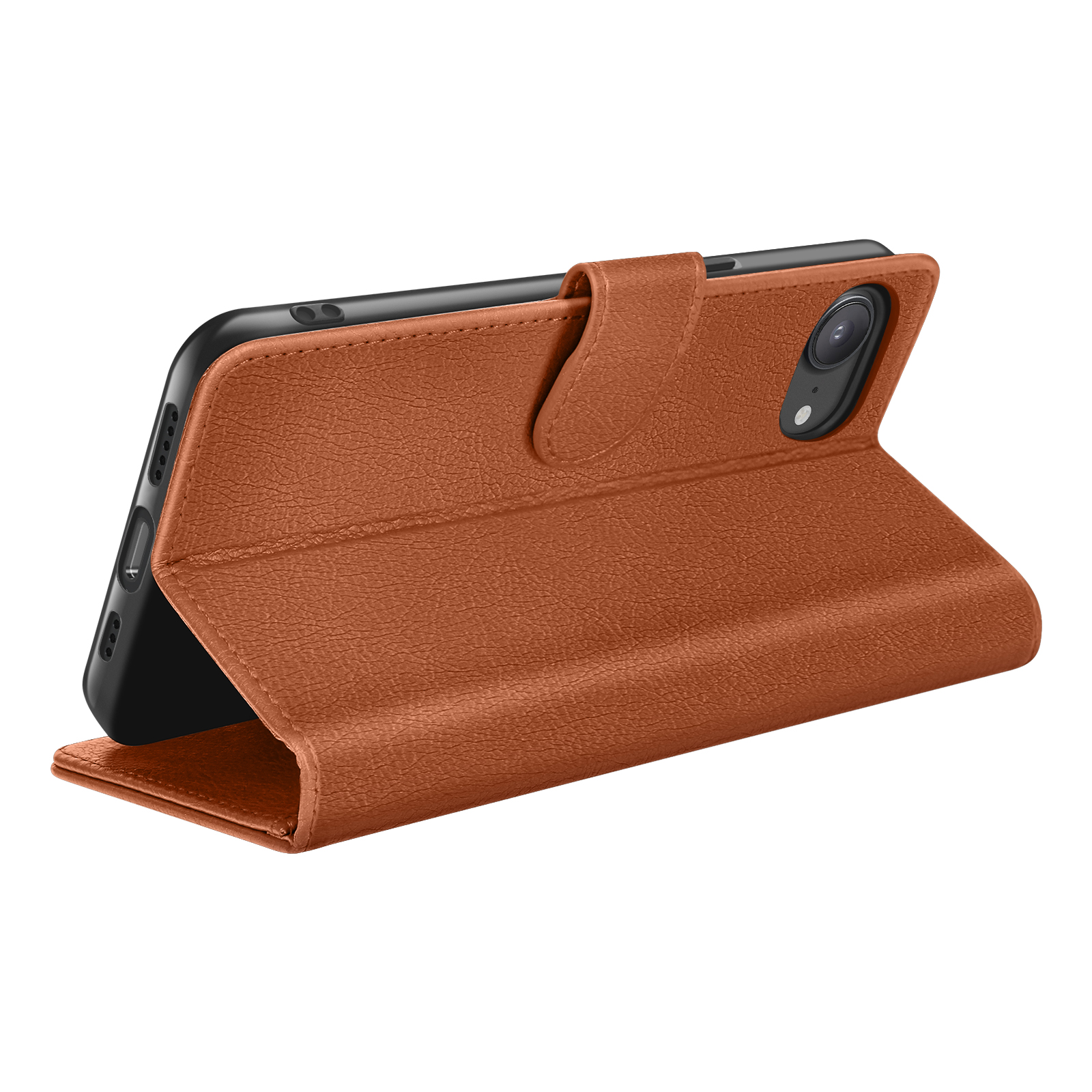 Een bruine leren telefoonhoes in folio-stijl is open. De telefoon is zwart. De hoes staat op een witte achtergrond.