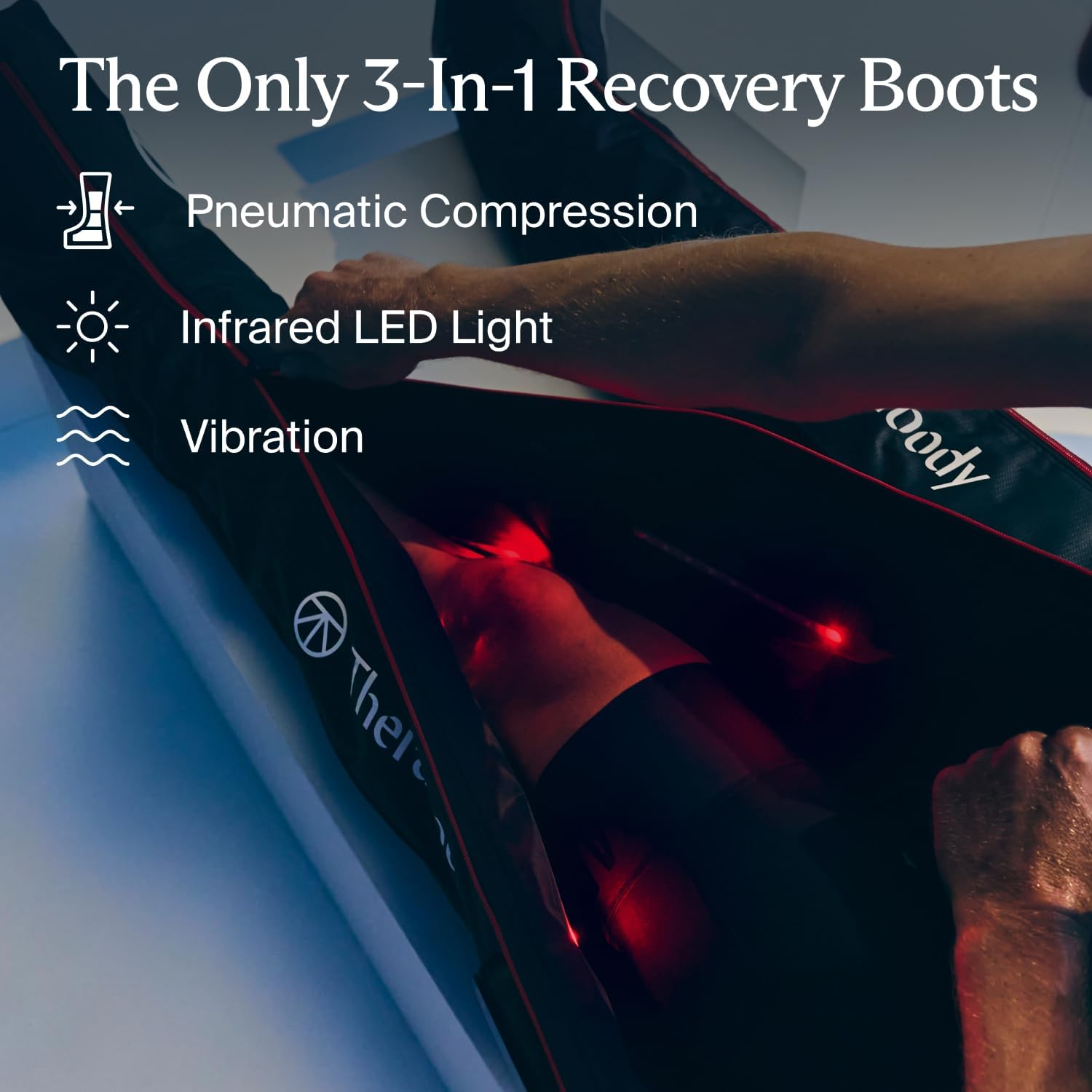 Persona che utilizza stivali di recupero con luci rosse. Il testo recita: Stivali di recupero 3-in-1. Caratteristiche: Compressione pneumatica, luce LED a infrarossi, vibrazione.