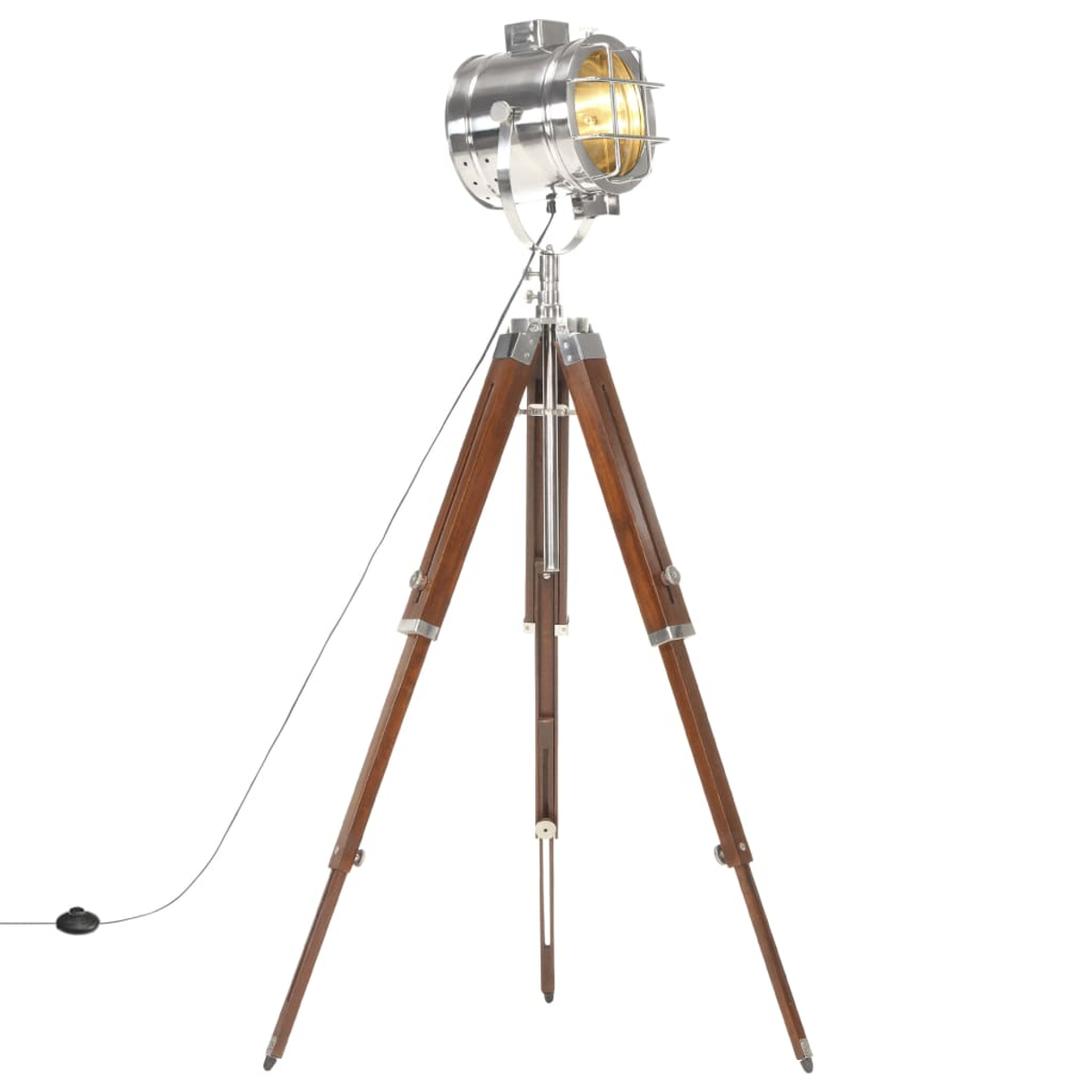 Eine Scheinwerferlampe auf einem Holzstativ. Die Lampe hat einen Metallrahmen, ein gelbes Licht und ein schwarzes Kabel.