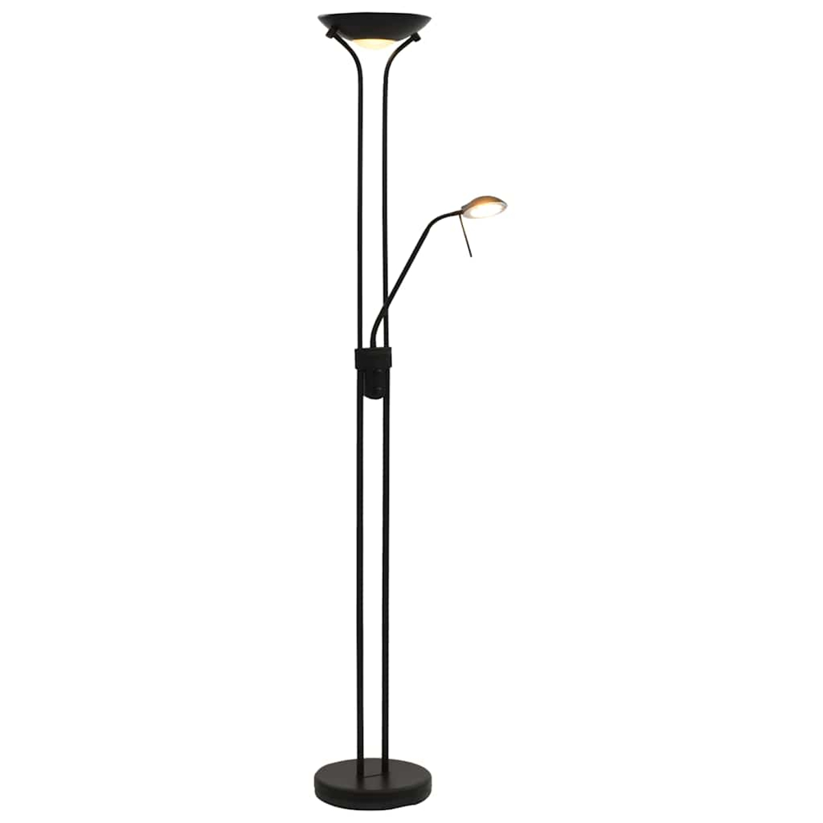 Eine schwarze Stehlampe mit zwei Lichtquellen. Eine ist eine große, nach oben gerichtete Schale und die andere ein kleineres, verstellbares Licht.