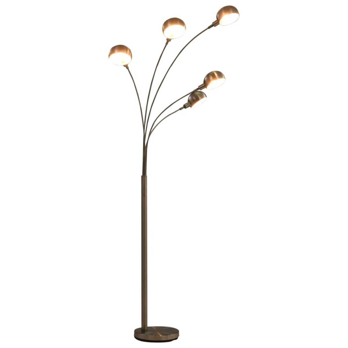 Eine Stehlampe mit fünf kugelförmigen Lampen. Die Lampen sind golden, der Ständer ist braun und die Basis ist rund. Der Hintergrund ist weiß.