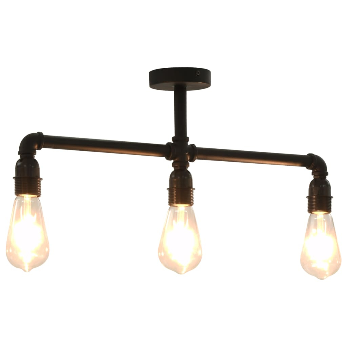 Eine schwarze Deckenleuchte im Industriestil mit drei leuchtenden Edison-Glühbirnen. Die Leuchte besteht aus Rohren und Fittings.