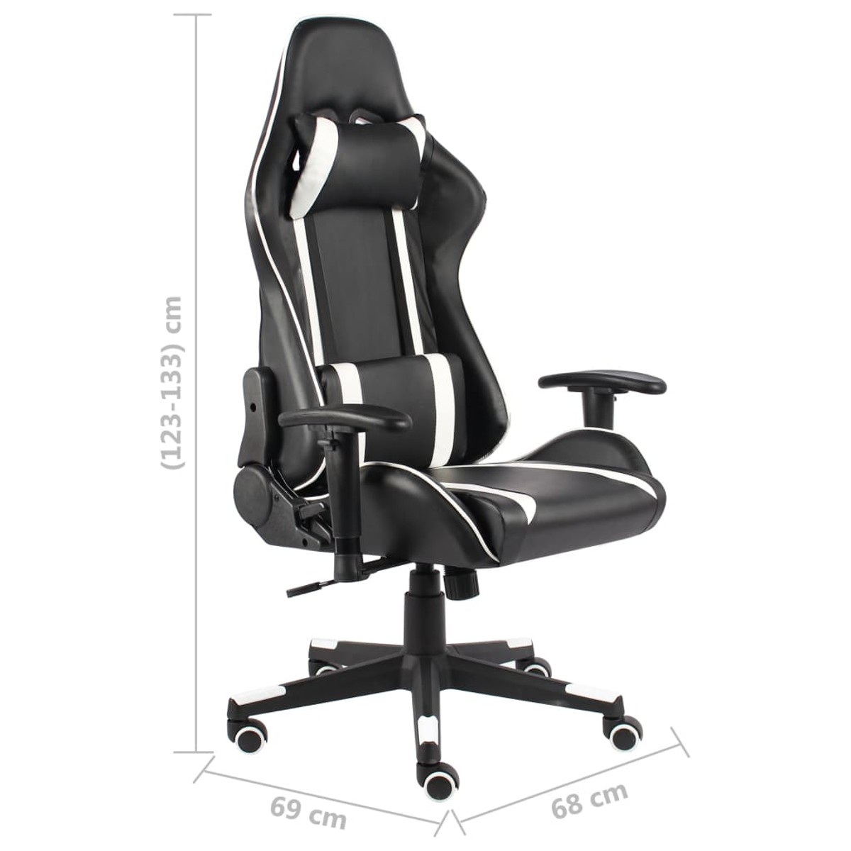 Schwarzer und weißer Gaming-Stuhl. Er hat eine hohe Rückenlehne, Armlehnen und ein Fünf-Sterne-Gestell mit Rollen. Maße: 123-133cm Höhe, 69cm Breite, 68cm Tiefe.