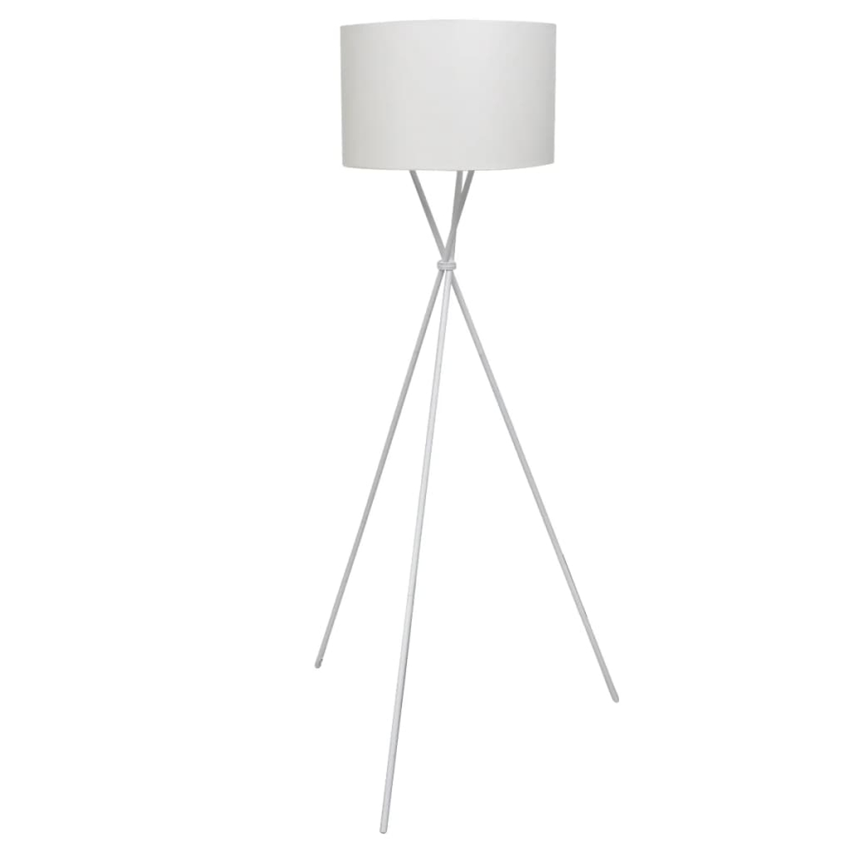 Eine weiße Stehlampe mit zylindrischem Lampenschirm. Die Lampe hat drei Beine.