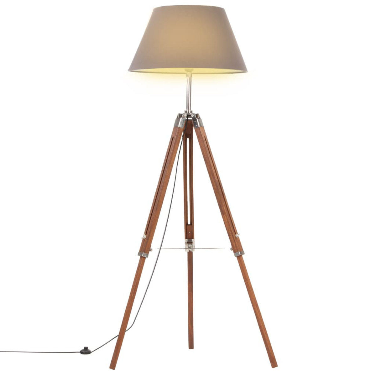 Eine Stehlampe mit Holzstativ und grauem Lampenschirm. Ein Netzkabel führt zu einem Stecker.