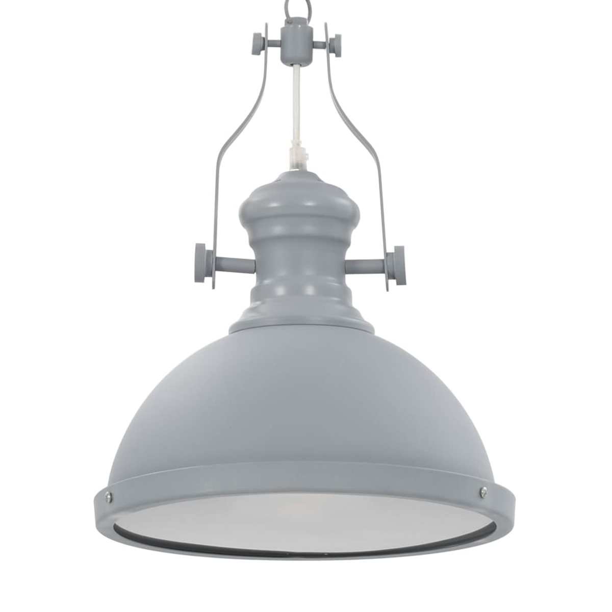 Eine graue Pendelleuchte im Industriestil hängt vor einem weißen Hintergrund. Sie hat eine Kuppelform und einen Metallrahmen.
