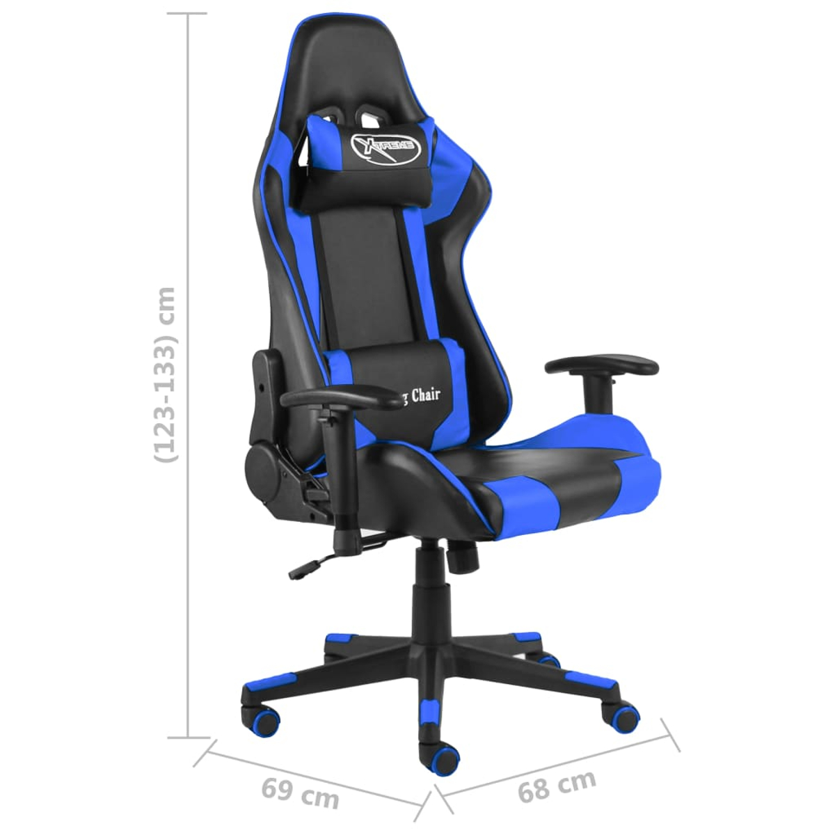 Ein schwarz-blauer Gaming-Stuhl wird gezeigt. Er hat eine Kopfstütze, Armlehnen und Rollen. Die Abmessungen werden angezeigt: 123-133 cm Höhe, 69 cm Breite und 68 cm Tiefe.