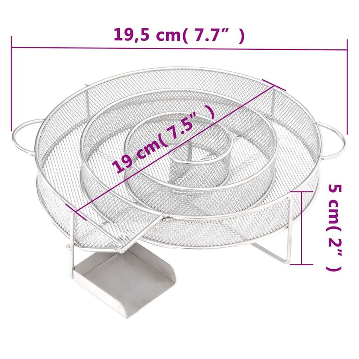 Ein Metall-Spiralräucherofen mit Maßangaben. Es hat eine kleine Schale und Griffe. Die Abmessungen sind ebenfalls angegeben.