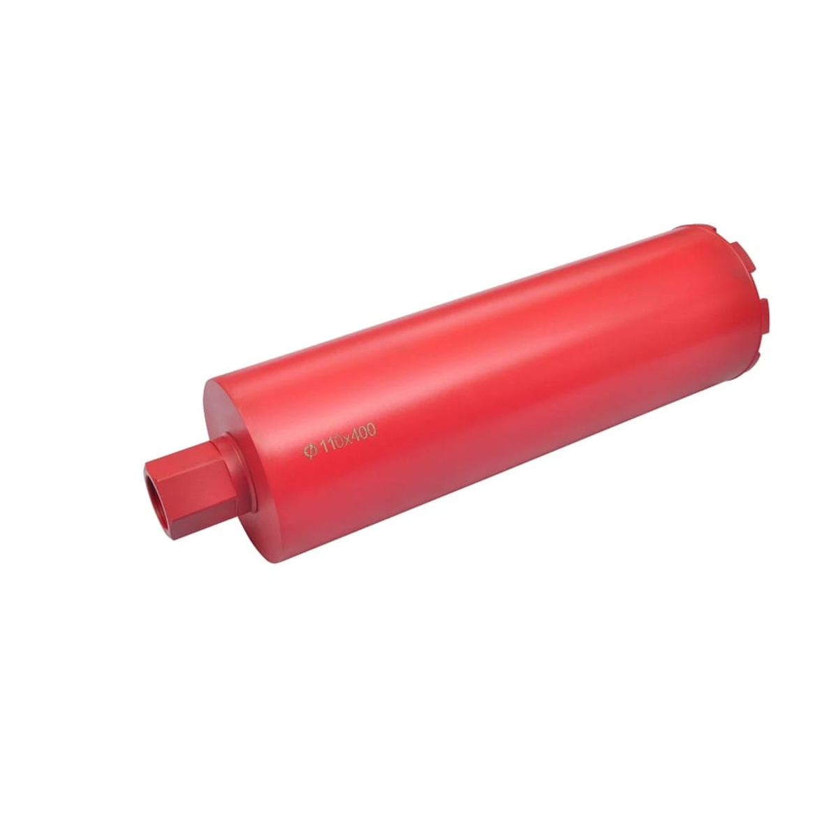 Ein roter zylindrischer Bohrer mit sechseckigem Sockel und der Aufschrift 'ø 110x400' auf weißem Hintergrund.