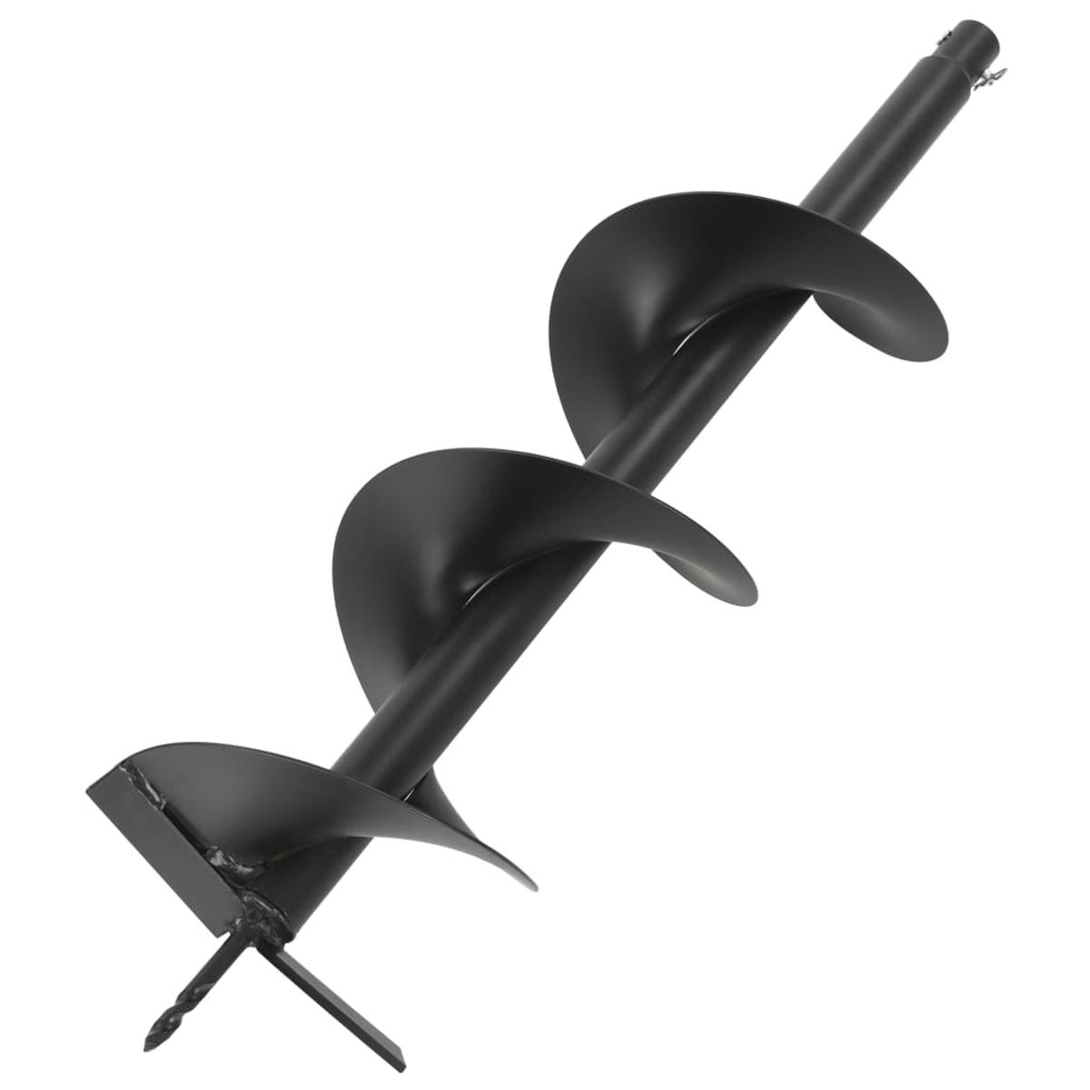 Ein schwarzer Erdbohrer auf weißem Hintergrund. Er hat ein spiralförmiges Design zum Bohren in Erde oder andere Materialien.
