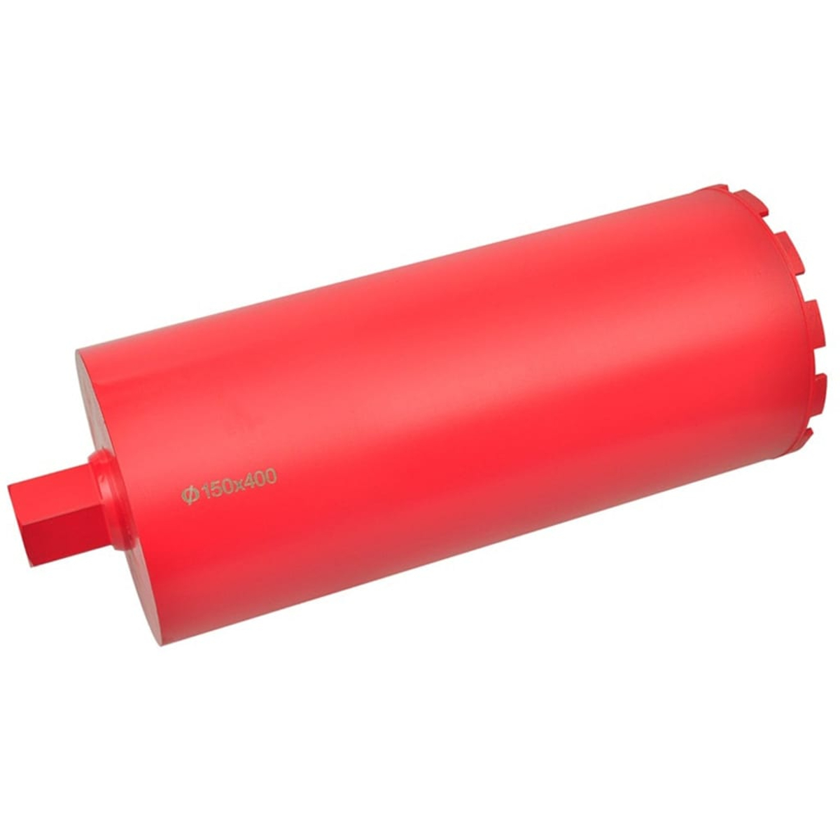 Ein roter zylindrischer Kernbohrer mit sechseckiger Basis und gezahntem Ende. Der Text "150x400" ist darauf gedruckt.