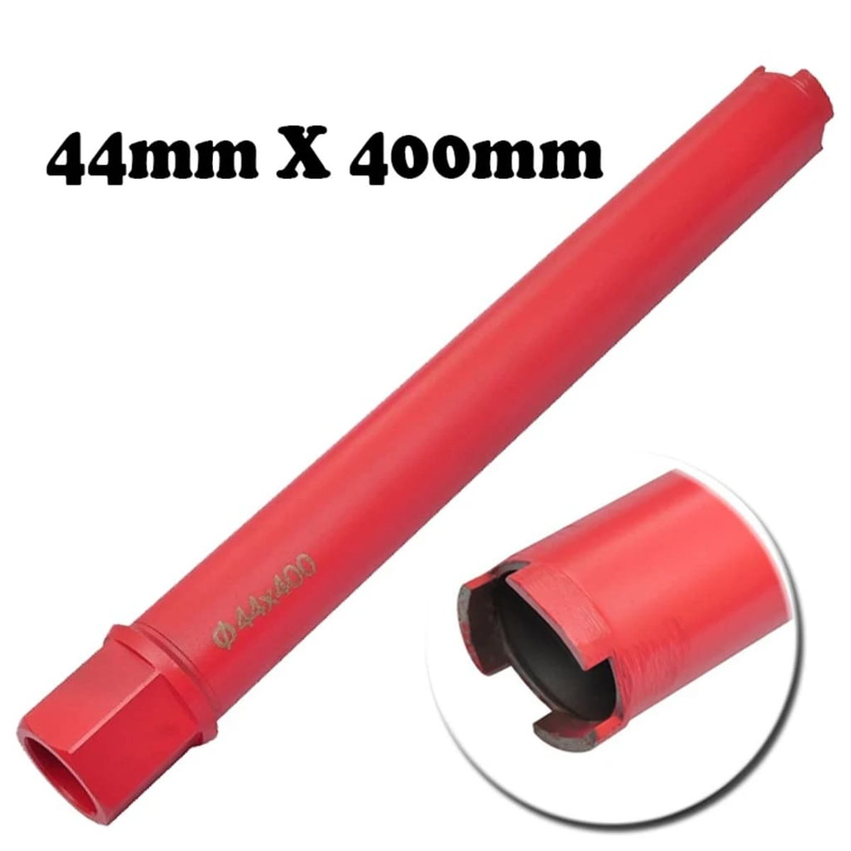 Roter Bohrer mit den Spezifikationen 44 mm x 400 mm. Eine Nahaufnahme zeigt die Schneidkante und die Durchmesserangabe.