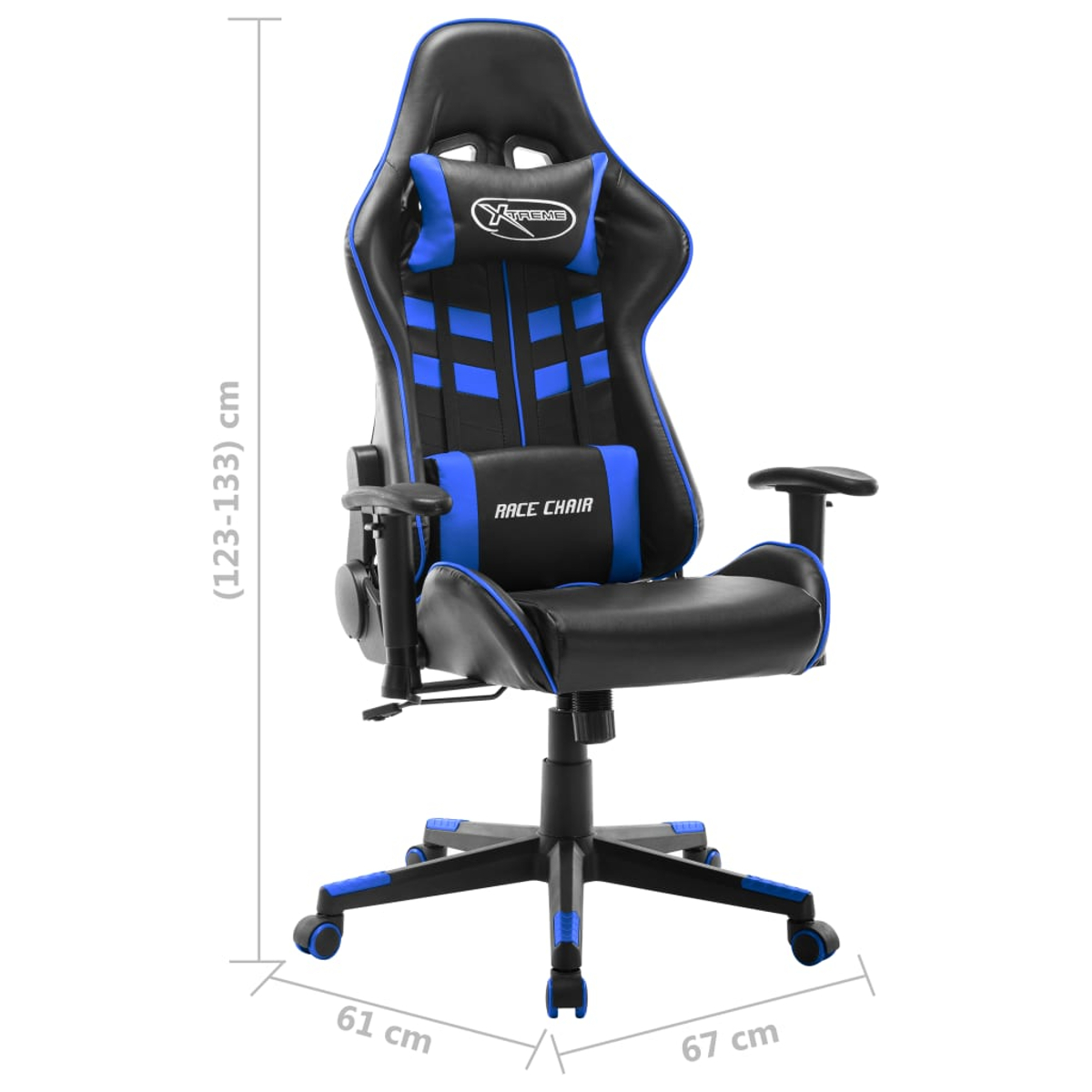 Sedia da gaming nera e blu, con loghi 'Xtreme' e 'Race Chair'. Dimensioni: 123-133cm altezza, 61cm larghezza e 67cm profondità.