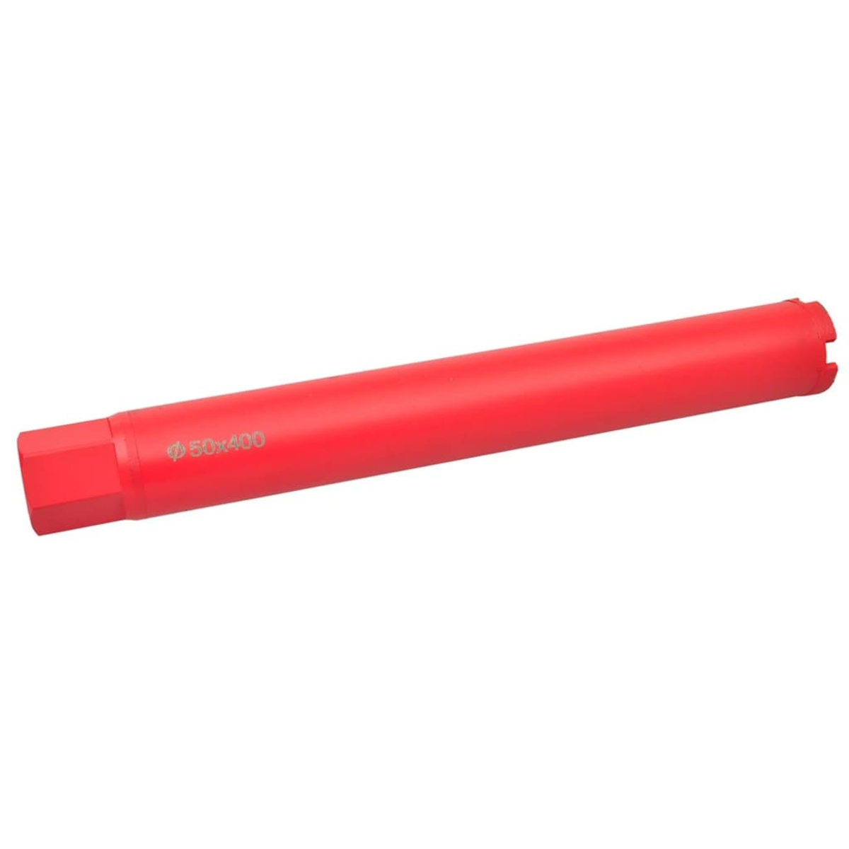 Ein roter zylindrischer Bohrer mit sechseckigem Ende und gezahnter Spitze. Auf der Seite steht "Φ 50x400".