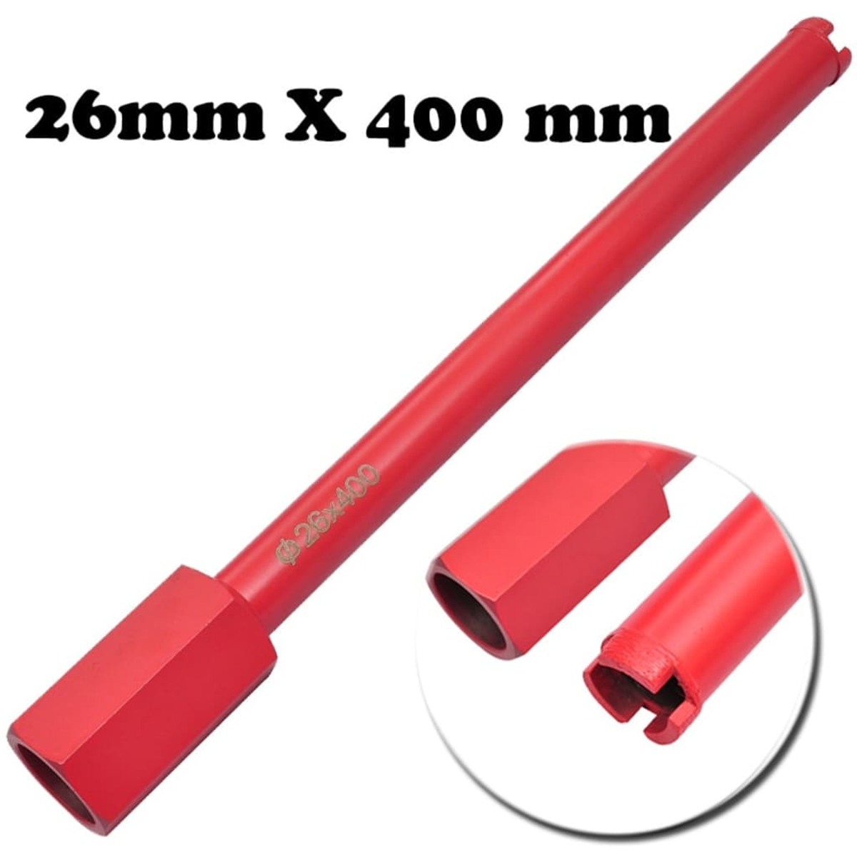 Ein roter 26mm x 400mm Bohrer. Text oben und eine Nahaufnahme des Schneidendes in einem Kreis rechts.