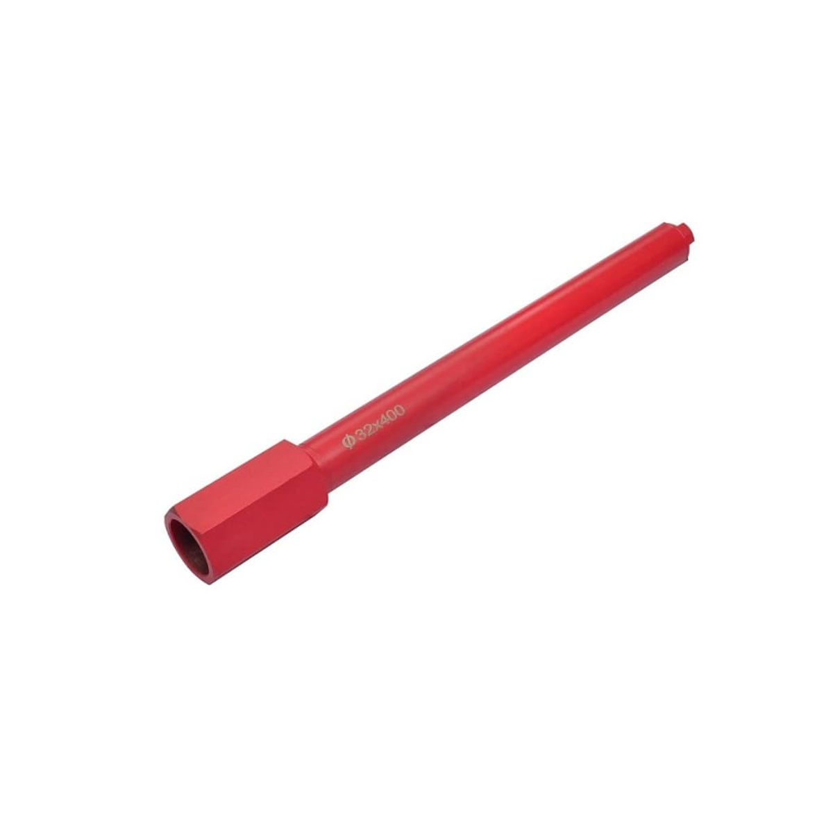 Ein rotes Metallwerkzeug, möglicherweise eine Steckschlüsselverlängerung. Es hat einen zylindrischen Körper mit sechseckigen und kreisförmigen Enden.