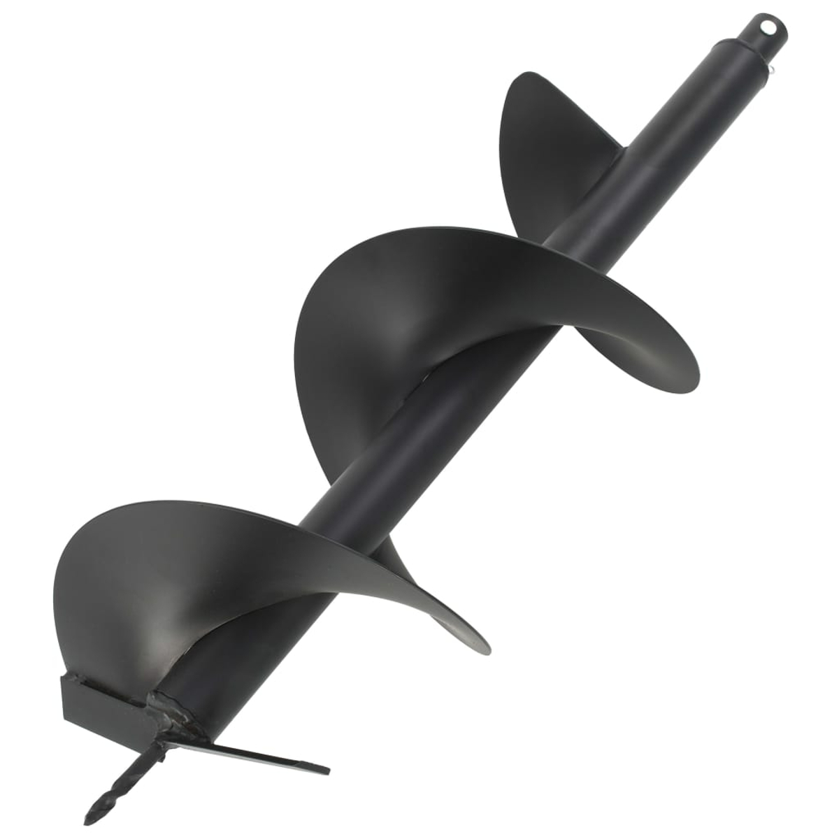 Schwarzer Erdbohrer auf weißem Hintergrund. Der Bohrer hat ein spiralförmiges Design mit einer Spitze und einem zylindrischen Griff.