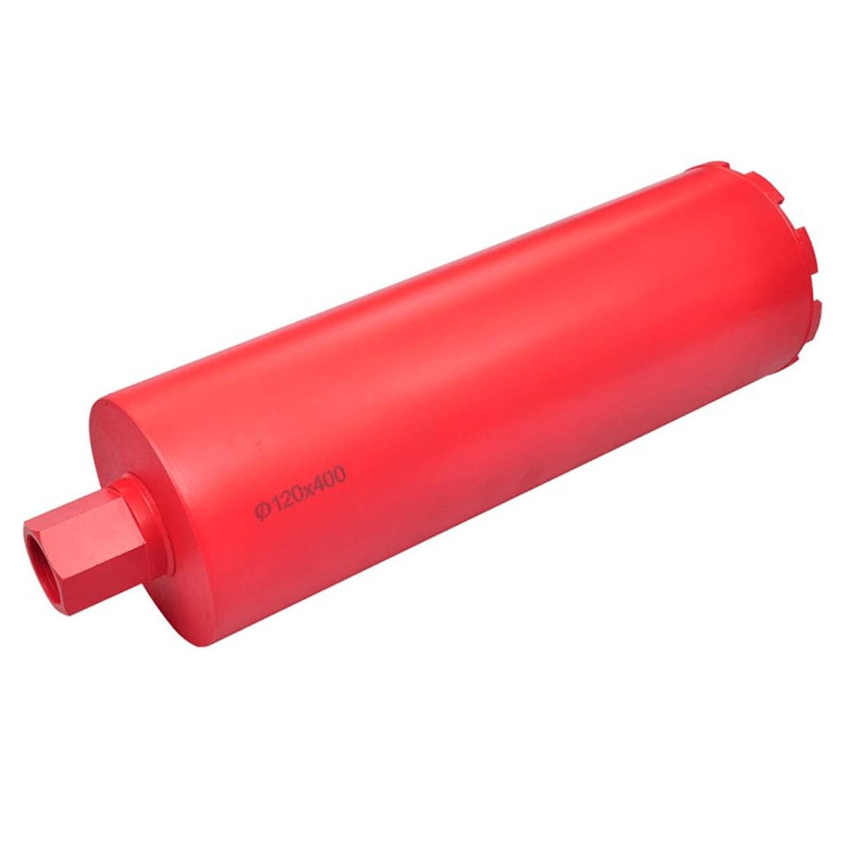 Roter zylindrischer Kernbohrer. Er hat ein sechseckiges Ende und eine abgewinkelte Schneidkante. Auf der Seite steht "ø120x400".