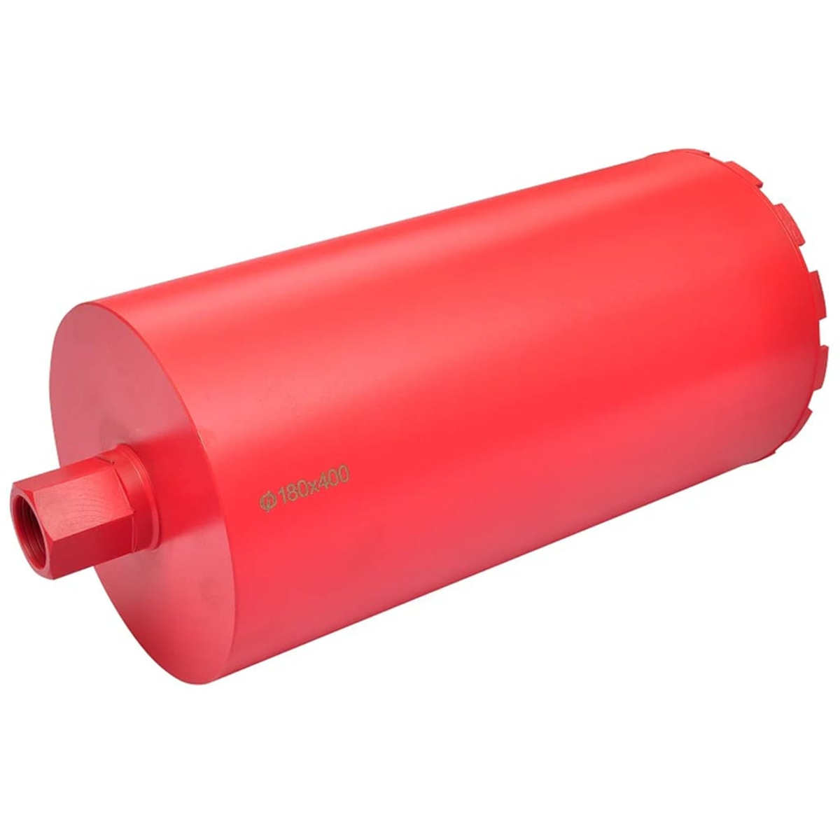 Ein roter zylindrischer Kernbohrer liegt diagonal. Er hat eine sechseckige Basis, ein Gewinde und Text: ø180x400.